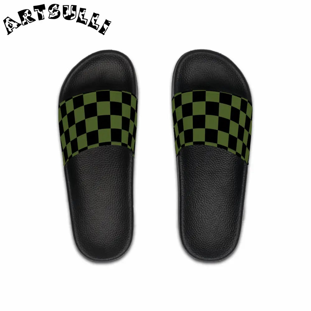 JAKKOUTTHEBXX Checkerboard Olive Green and Black Men’s Slide Sandals