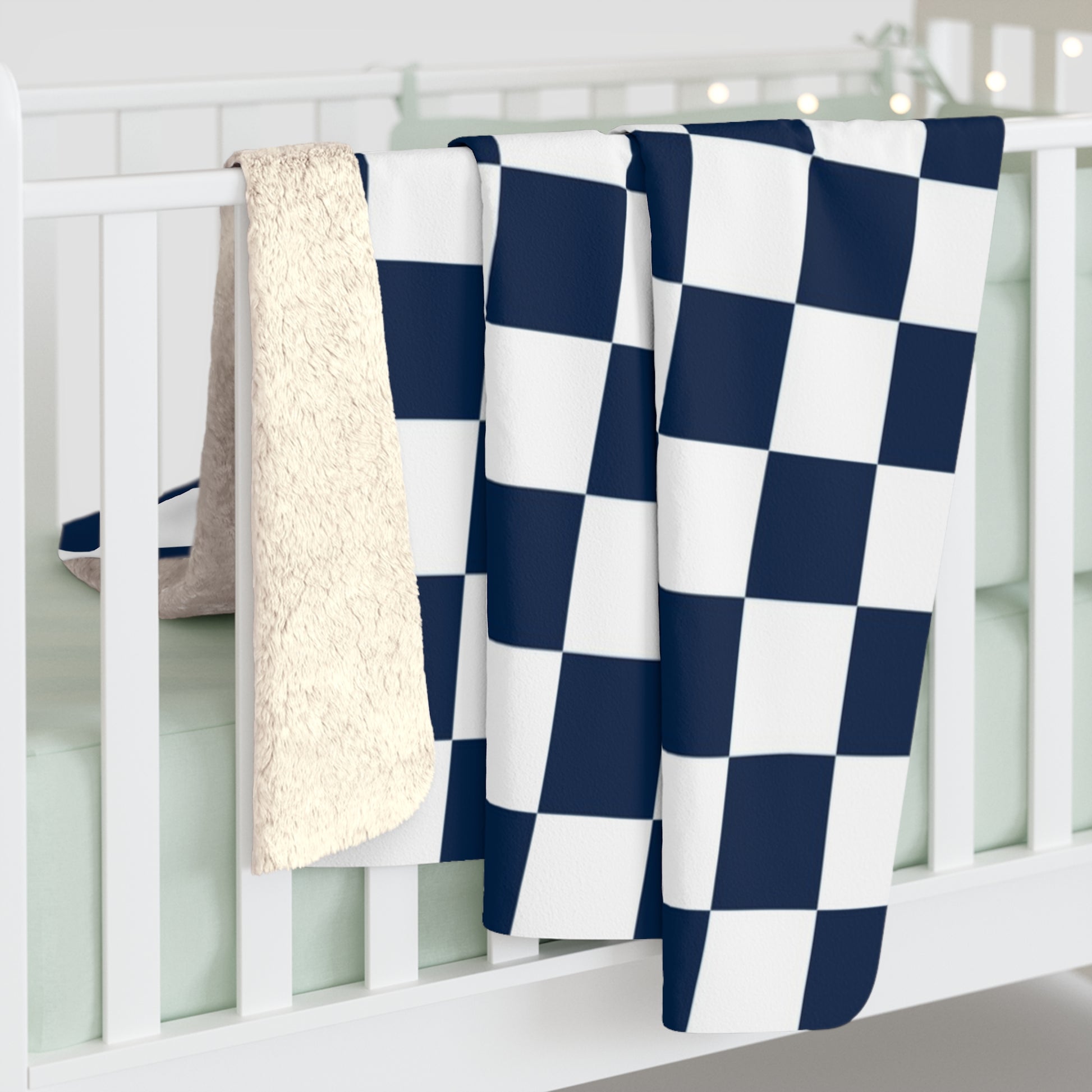 Checkerboard White and Navy Blue Sherpa Fleece Blanket, Artsulli - Art is Long, Life is Short, Home Decor, , , , , , , 