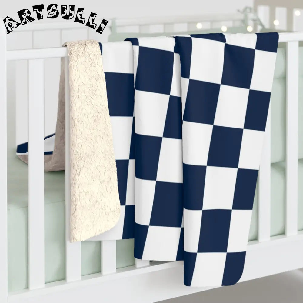 JAKKOUTTHEBXX Checkerboard White and Navy Blue Sherpa Fleece Blanket