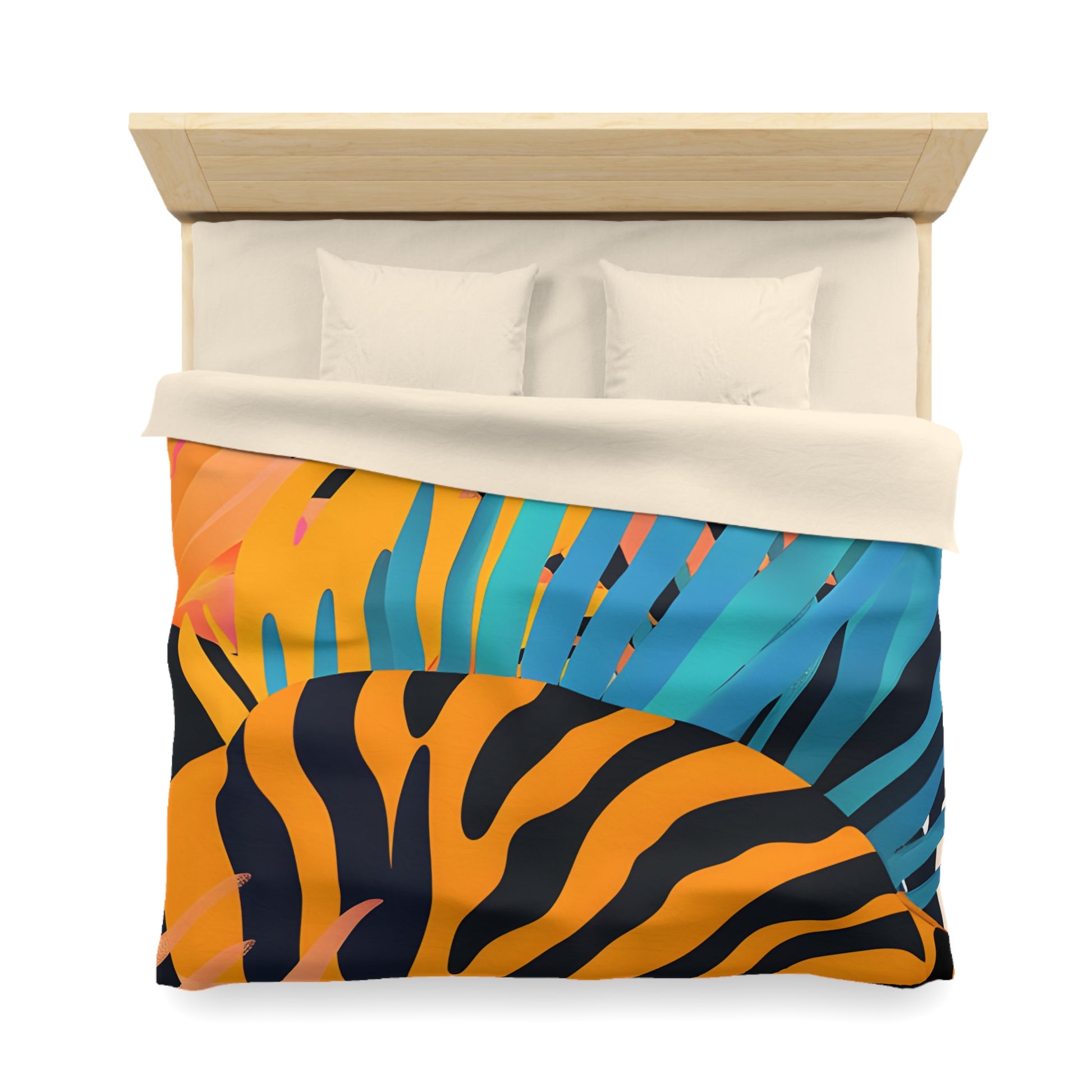 Palm Leaves x Zebra Stripes x  Tiger Stripes Orange and Blue  Microfiber Duvet Cover, Artsulli - Art is Long, Life is Short, Home Decor, , , , , , , 