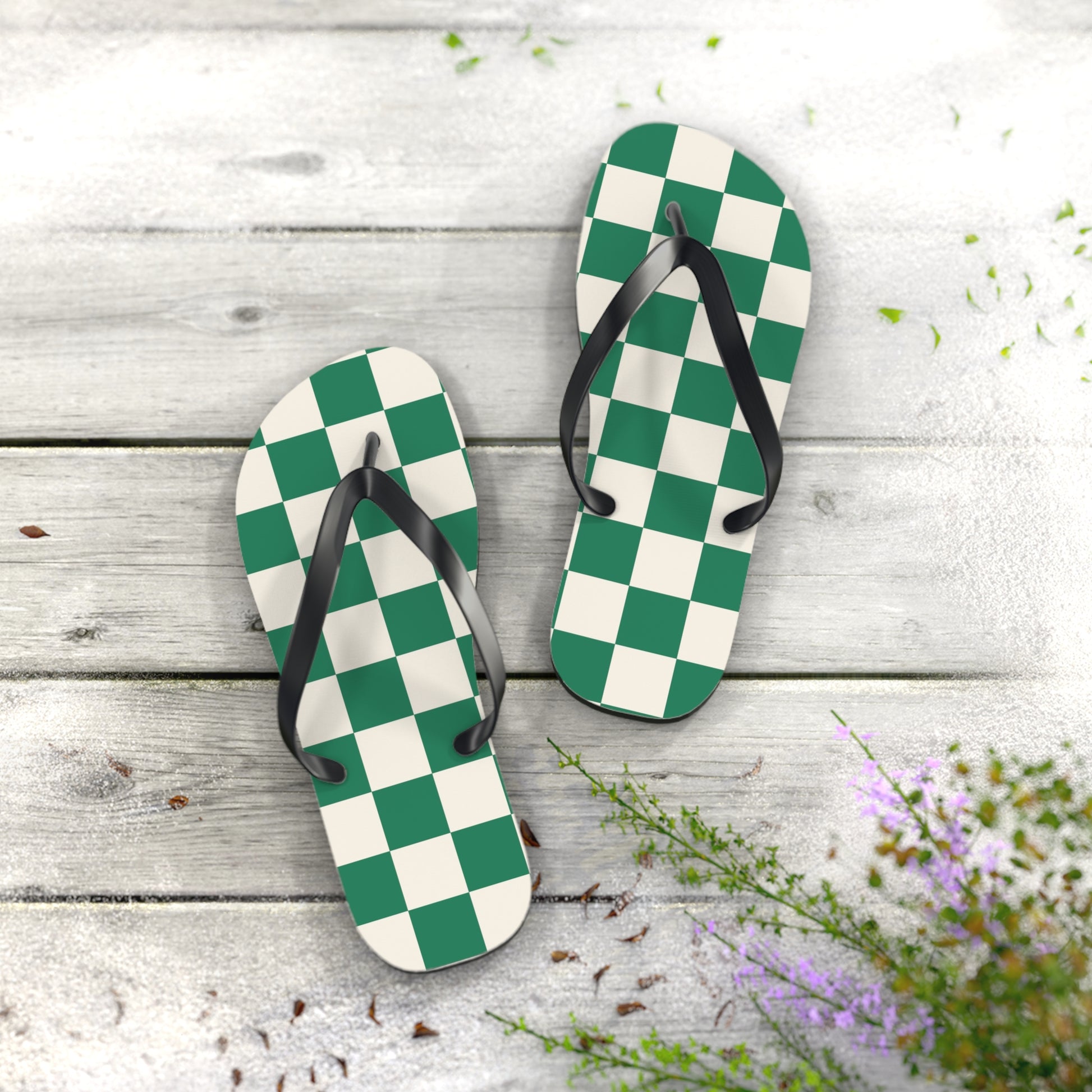 Checkerboard Dark Green Flip Flops, Artsulli - Art is Long, Life is Short, Shoes, , , , , , , 