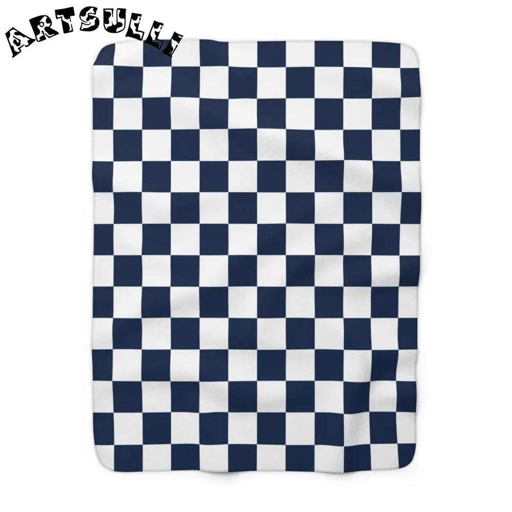 JAKKOUTTHEBXX Checkerboard White and Navy Blue Sherpa Fleece Blanket