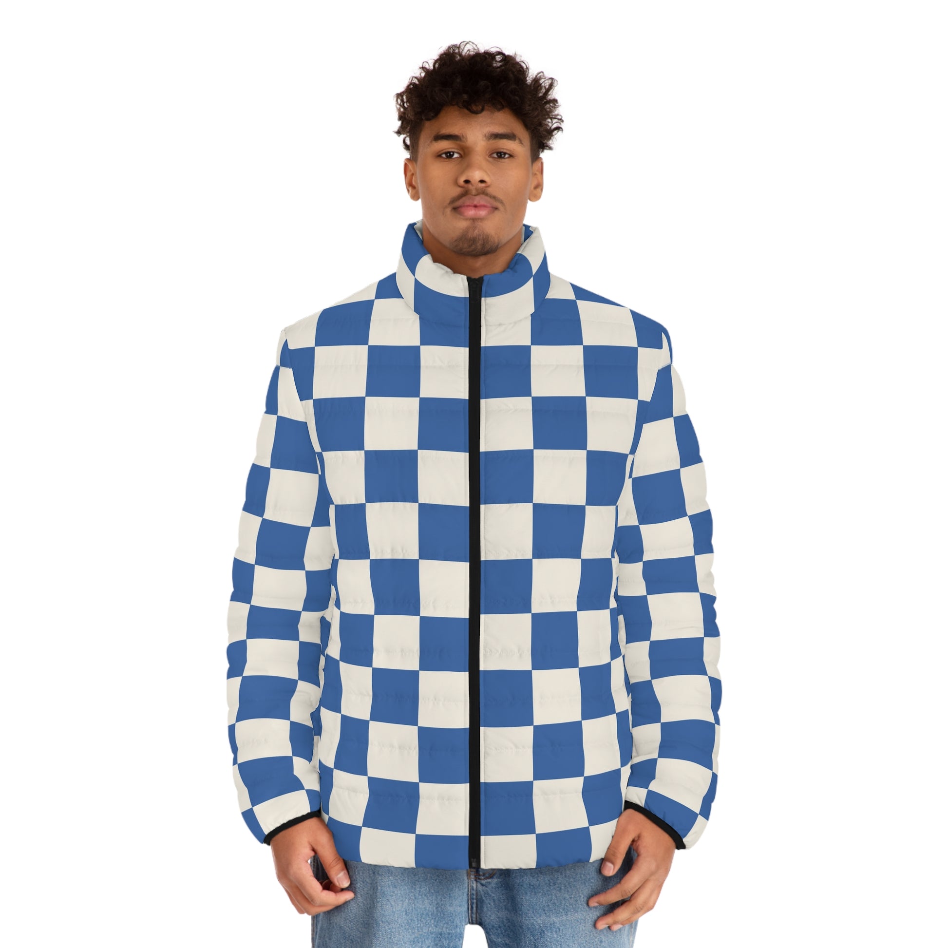 Checkerboard Blue Men's Puffer Jacket (AOP), Artsulli - Art is Long, Life is Short, All Over Prints, , , , , , , 