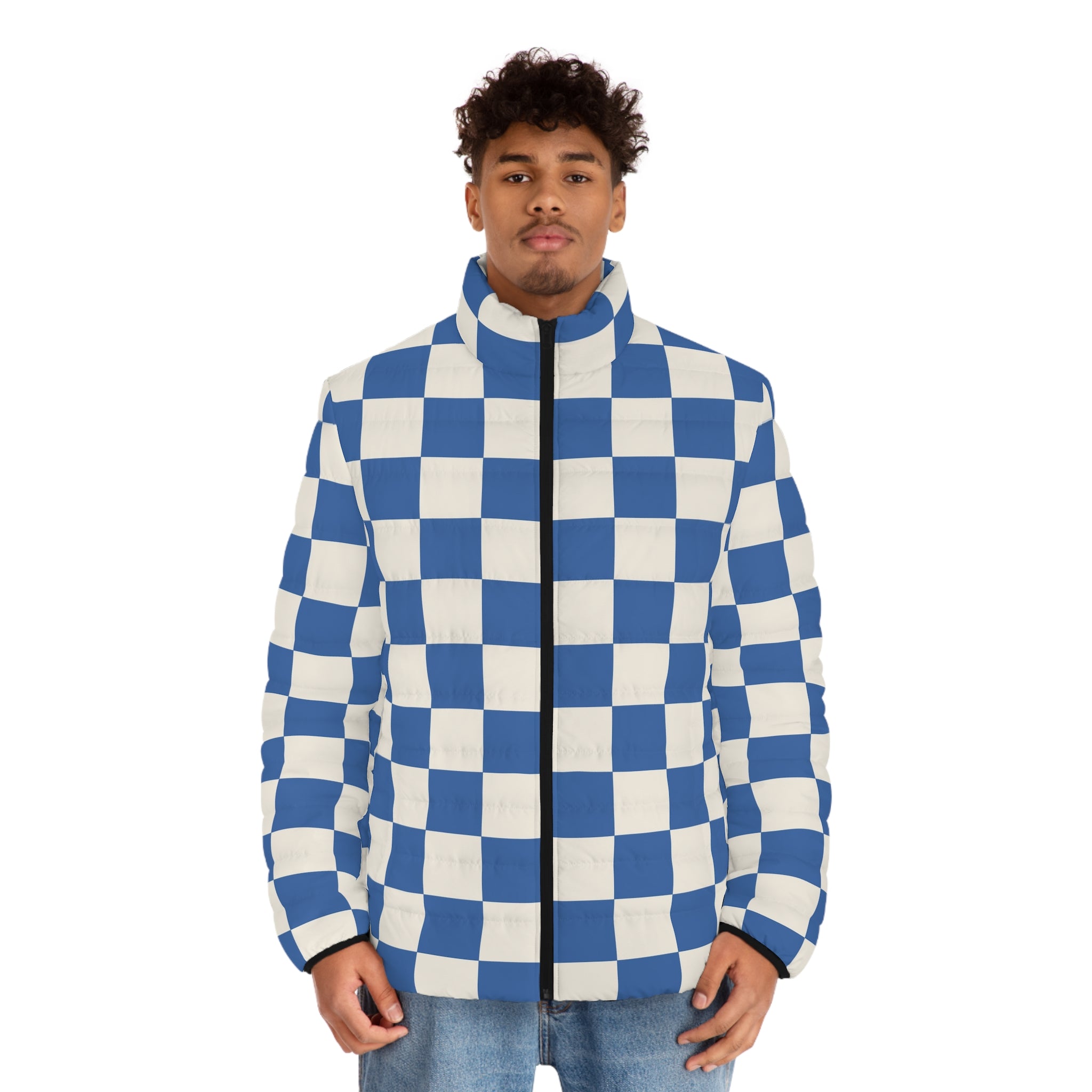 Checkerboard Blue Men's Puffer Jacket (AOP), Artsulli - Art is Long, Life is Short, All Over Prints, , , , , , , 