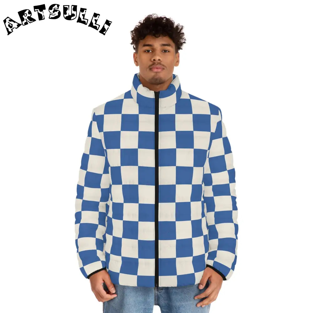 JAKKOUTTHEBXX Checkerboard Blue Men’s Puffer Jacket (AOP)