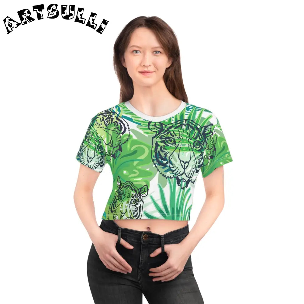 JAKKOUTTHEBXX Tropical Jungle Tigers Green Crop Tee (AOP)