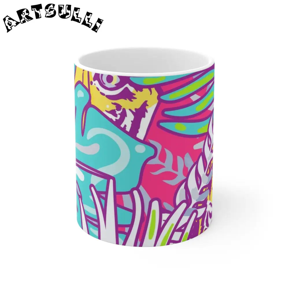 JAKKOUTTHEBXX Tropical Floral Tigers Torquise and Purple Mug 11oz