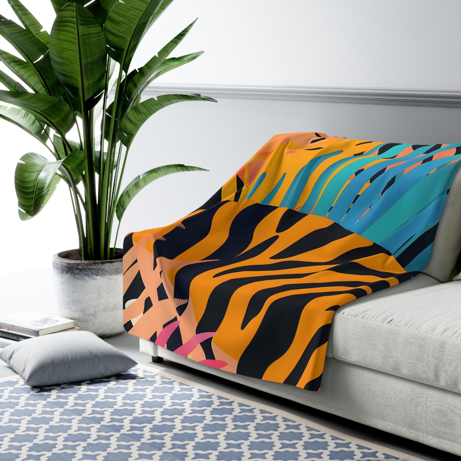 Palm Leaves x Zebra Stripes x Tiger Stripes Orange and Blue  Sherpa Fleece Blanket, Artsulli - Art is Long, Life is Short, Home Decor, , , , , , , 