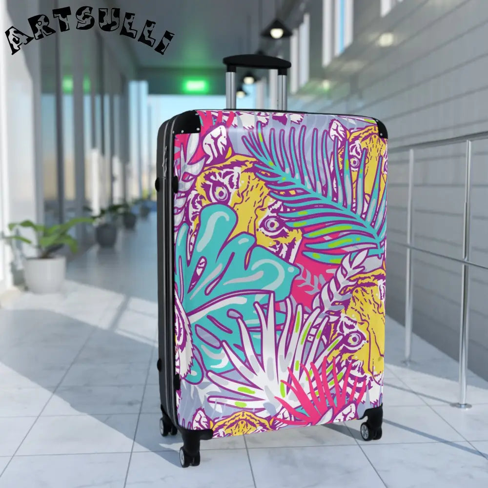 JAKKOUTTHEBXX Tropical Floral Tigers Torquise and Purple Suitcase