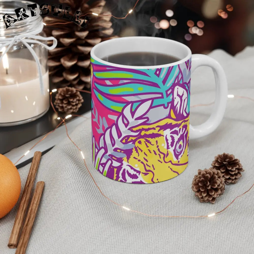 JAKKOUTTHEBXX Tropical Floral Tigers Torquise and Purple Mug 11oz