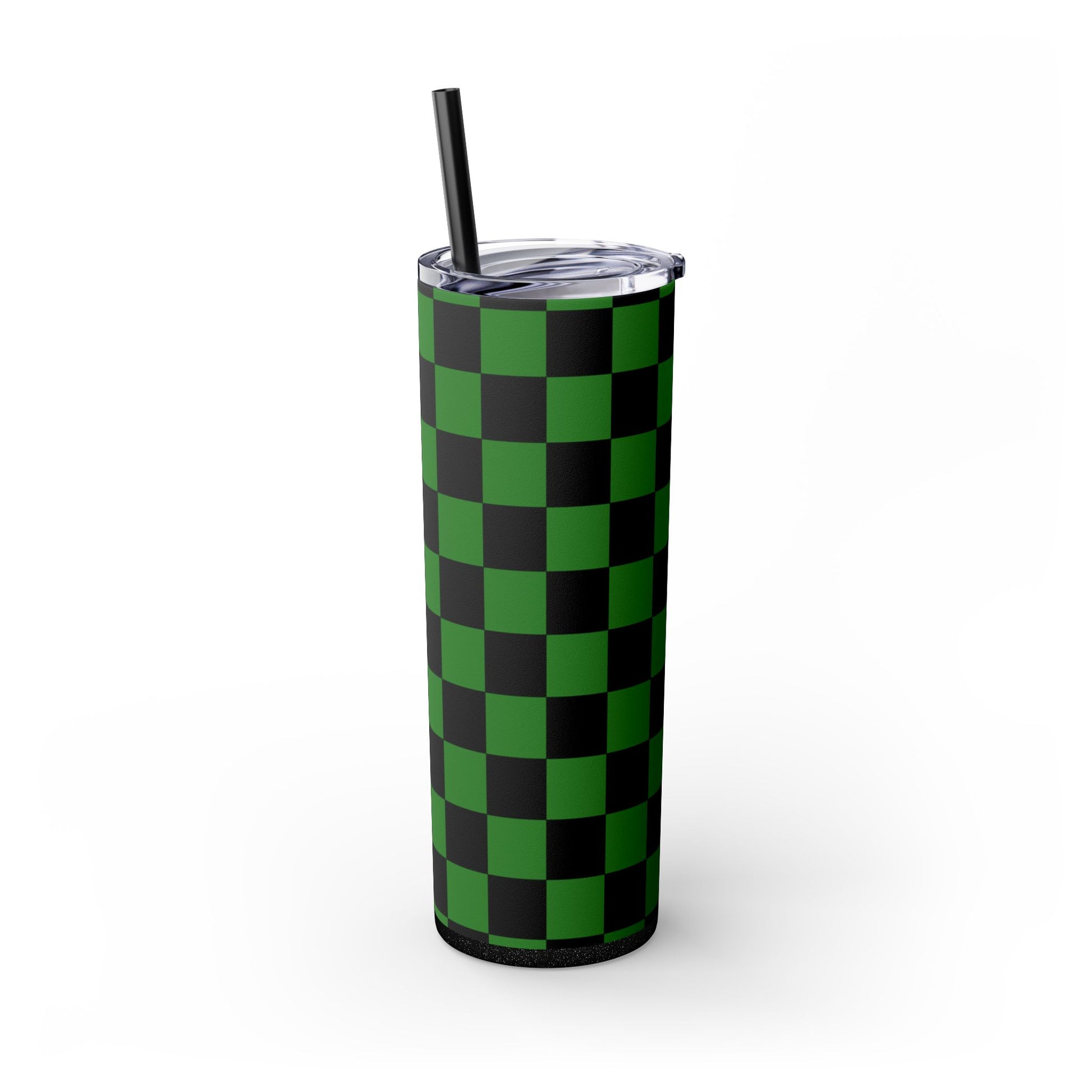 Checkerboard Green and Black Skinny Tumbler with Straw, 20oz, Artsulli - Art is Long, Life is Short, Mug, , , , , , , 