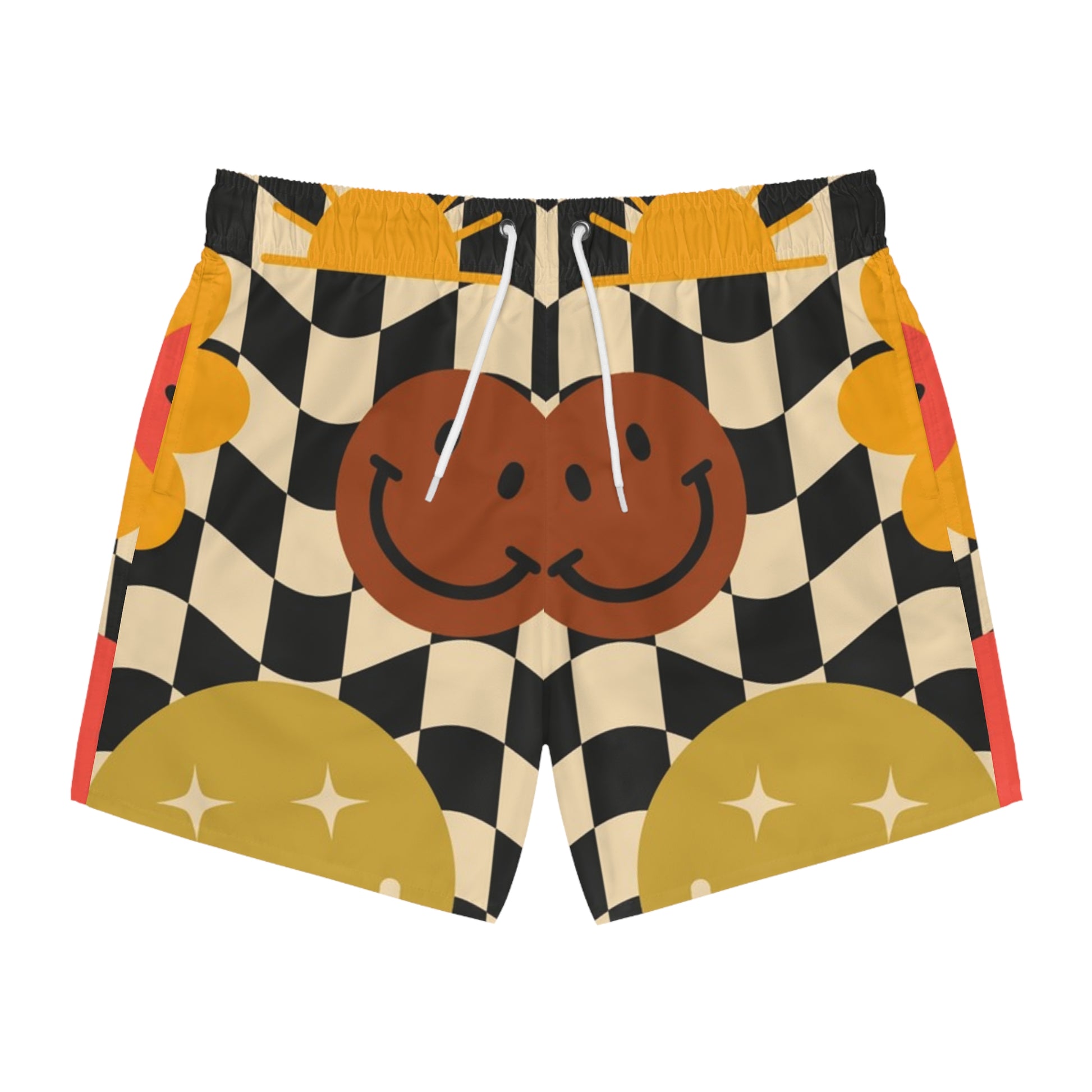 Trippy x Wavy Checkerboard x Smiley Face x Rainbow x Flowers Multi-Color Swim Trunks (AOP), Artsulli - Art is Long, Life is Short, All Over Prints, Size, XS, Color, Seam thread color automatically matched to design, , , 24677627197389895441