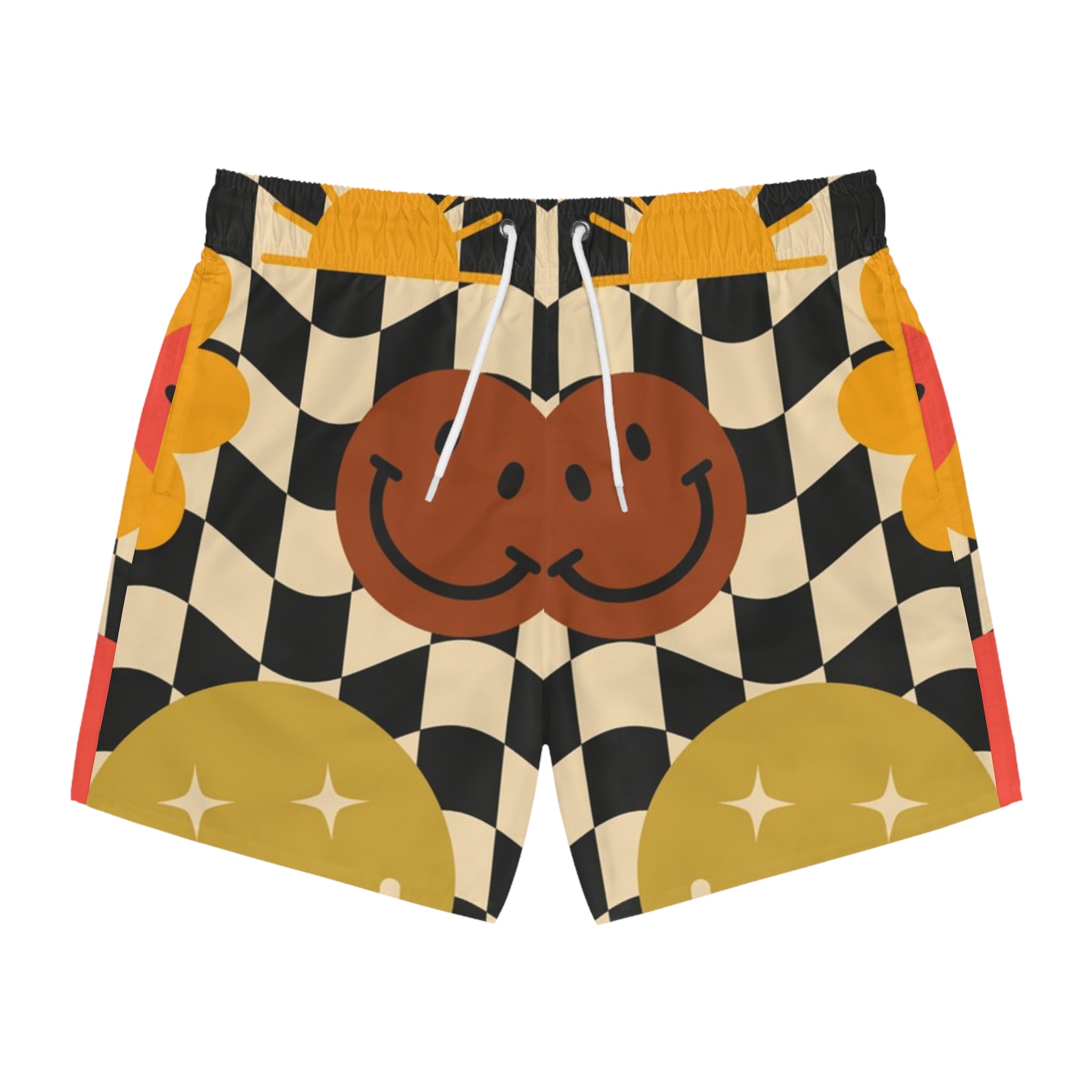 Trippy x Wavy Checkerboard x Smiley Face x Rainbow x Flowers Multi-Color Swim Trunks (AOP), Artsulli - Art is Long, Life is Short, All Over Prints, Size, XS, Color, Seam thread color automatically matched to design, , , 24677627197389895441