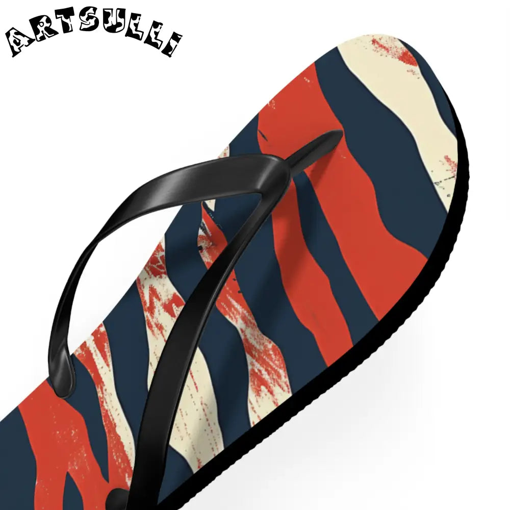 JAKKOUTTHEBXX Red White Blue Abstract Striped Flip Flops