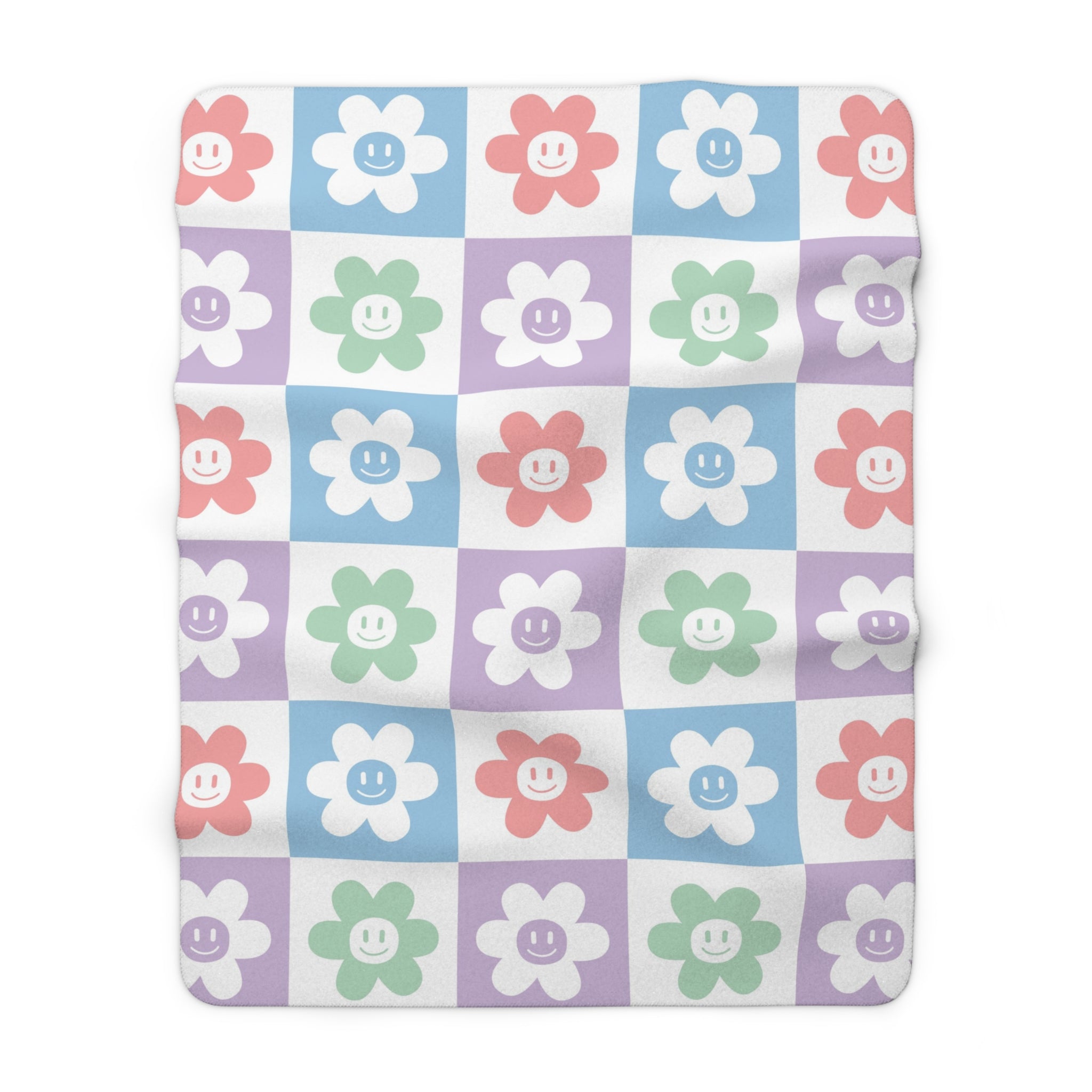Chessboard x Smiley Face Flowers Multi-Color Sherpa Fleece Blanket, Artsulli - Art is Long, Life is Short, Home Decor, Size, 60" × 80", , , , , 21937308652342895092
