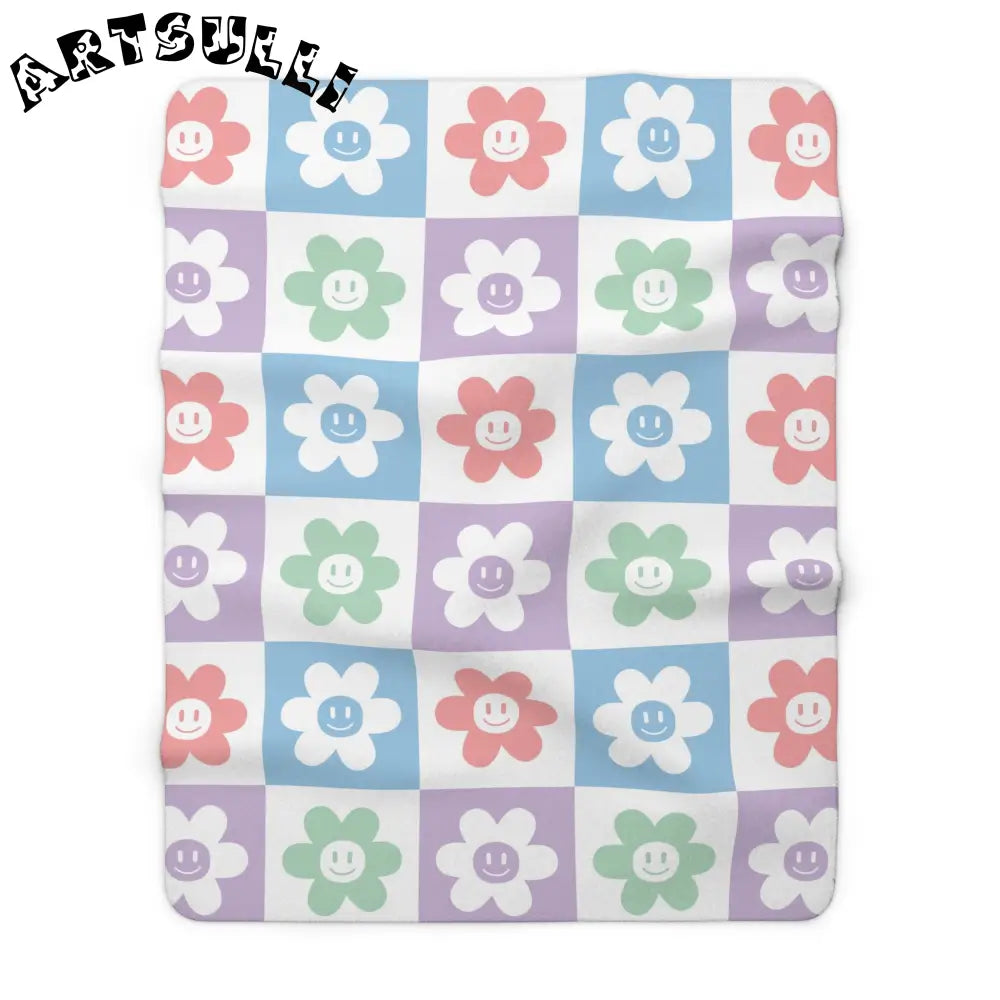 JAKKOUTTHEBXX Smiling Flower Checkerboard Sherpa Fleece Blanket 2025