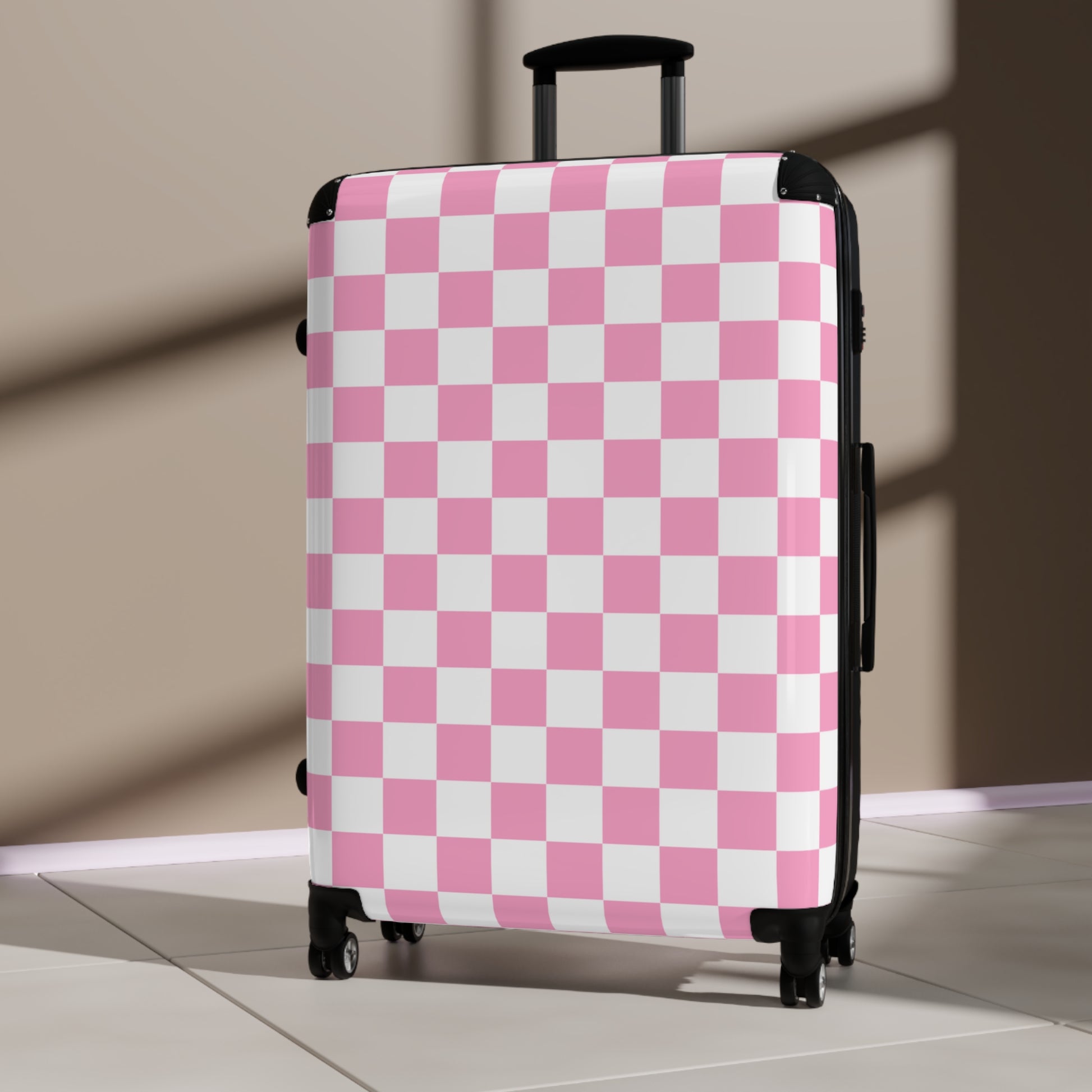 Checkerboard Hot Pink and White Suitcase, Artsulli - Art is Long, Life is Short, Bags, , , , , , , 