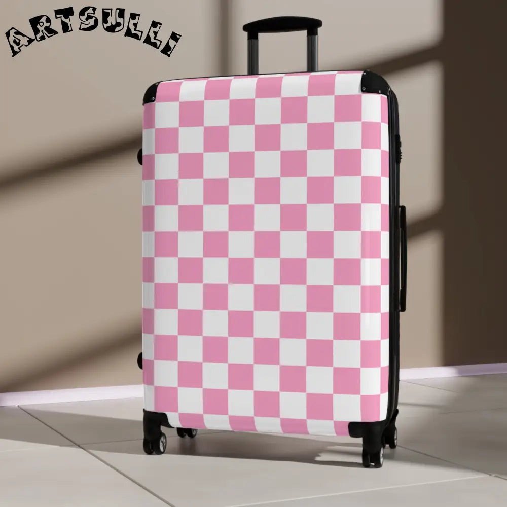 JAKKOUTTHEBXX Checkerboard Hot Pink and White Suitcase JAKKOUTTHEBXX