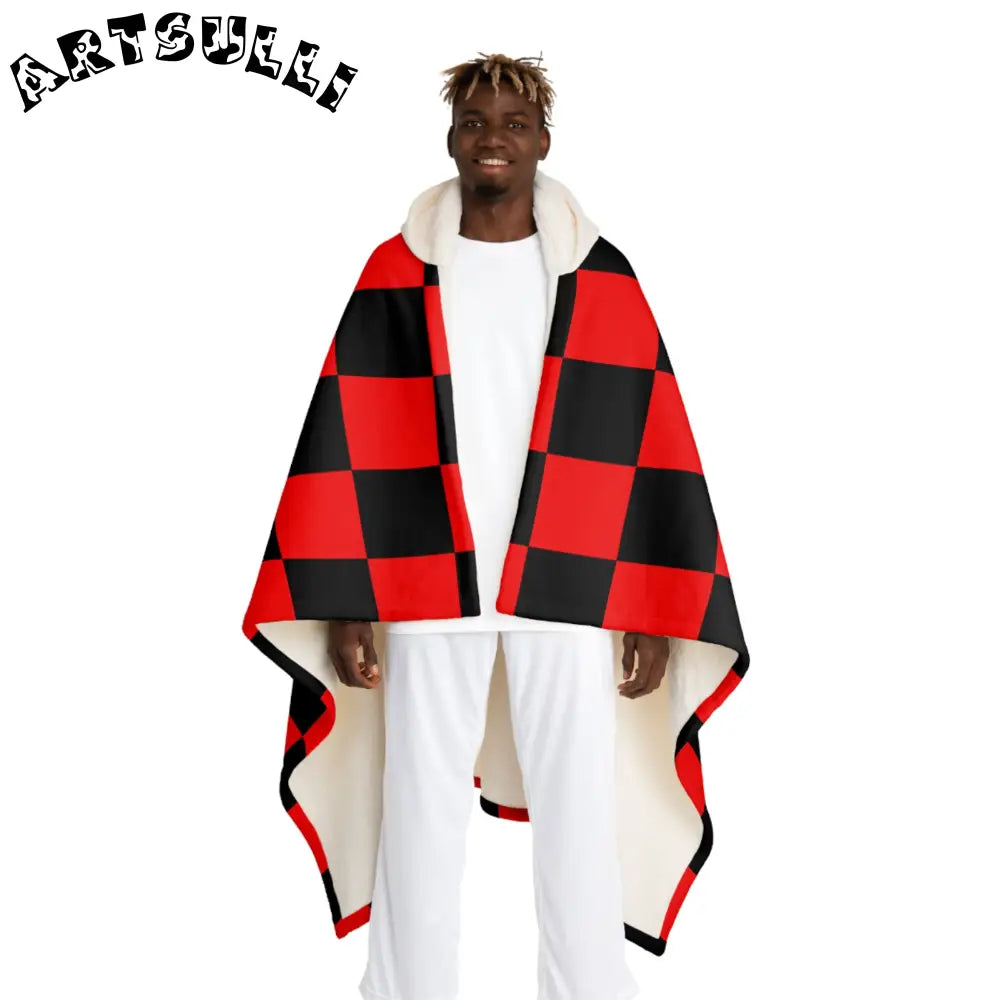 JAKKOUTTHEBXX Checkerboard Red and Black Hooded Sherpa Fleece