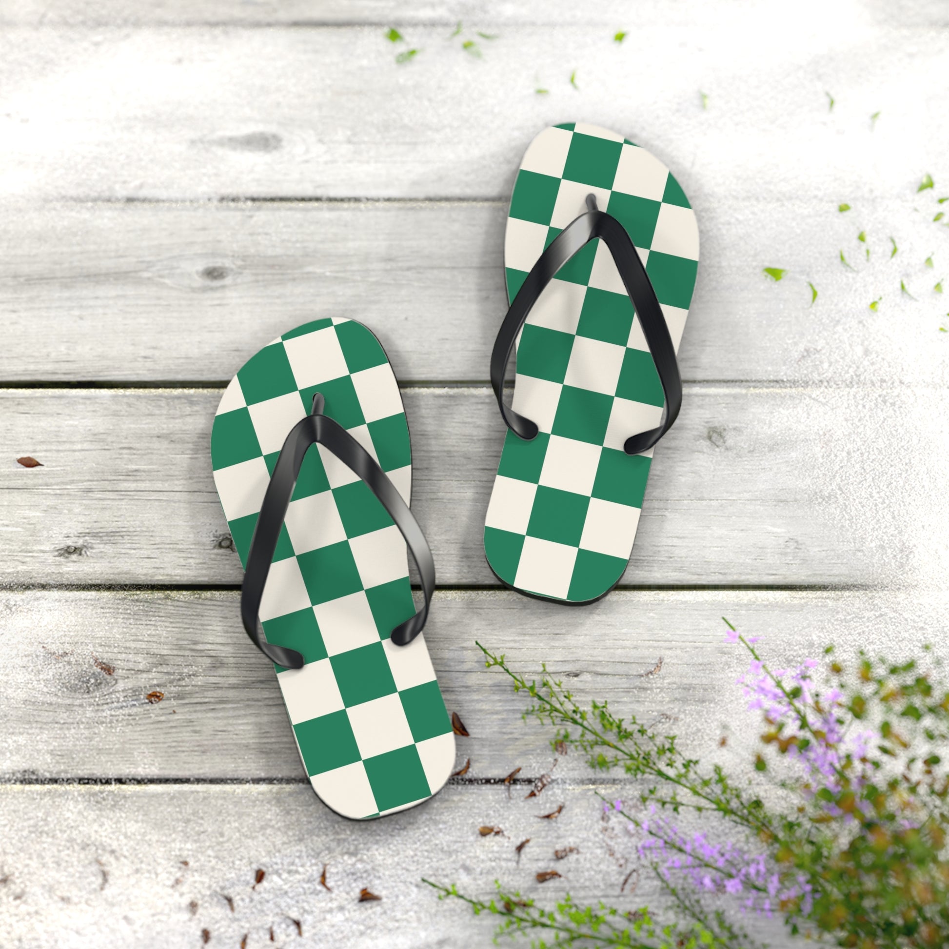 Checkerboard Dark Green Flip Flops, Artsulli - Art is Long, Life is Short, Shoes, , , , , , , 