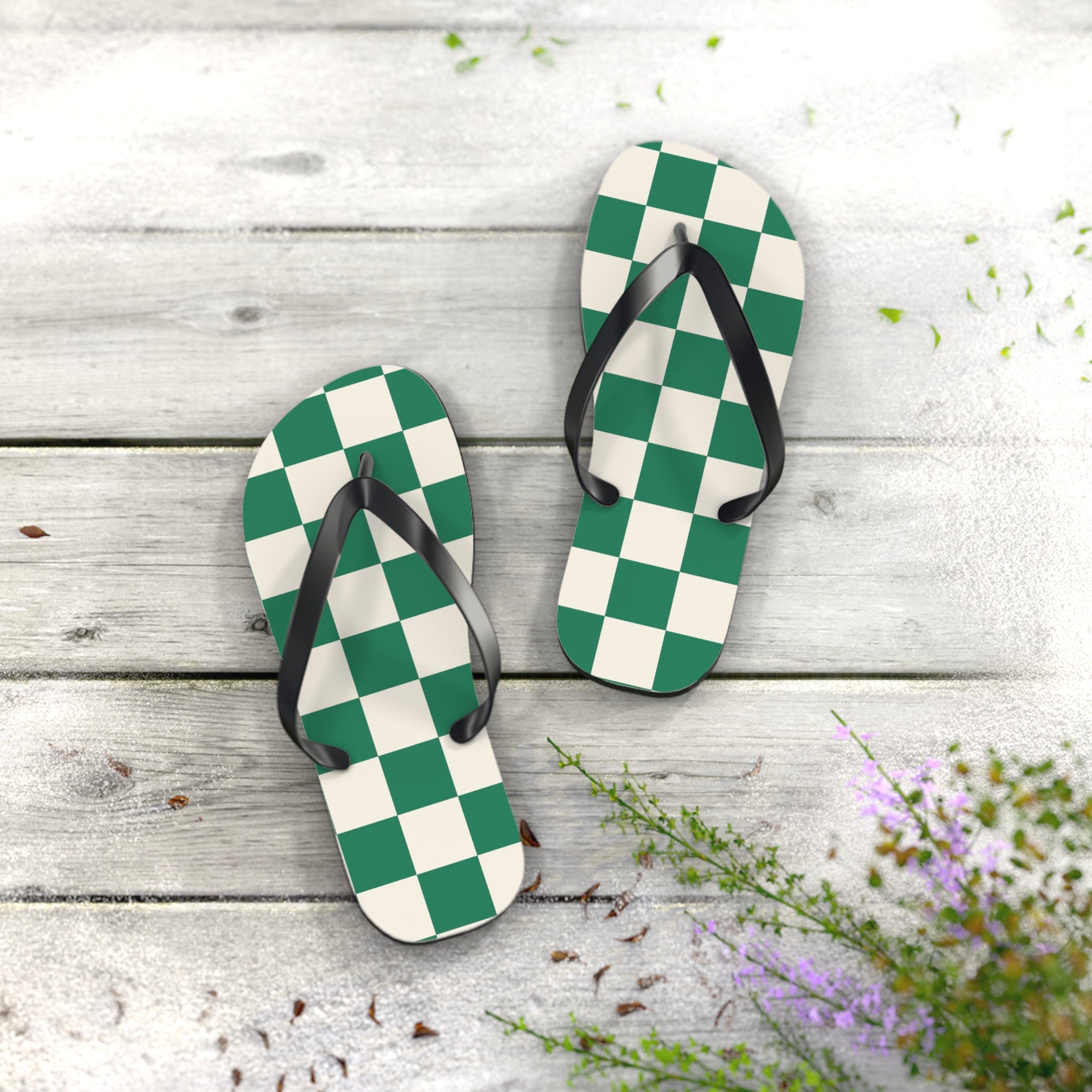 Checkerboard Dark Green Flip Flops, Artsulli - Art is Long, Life is Short, Shoes, , , , , , , 