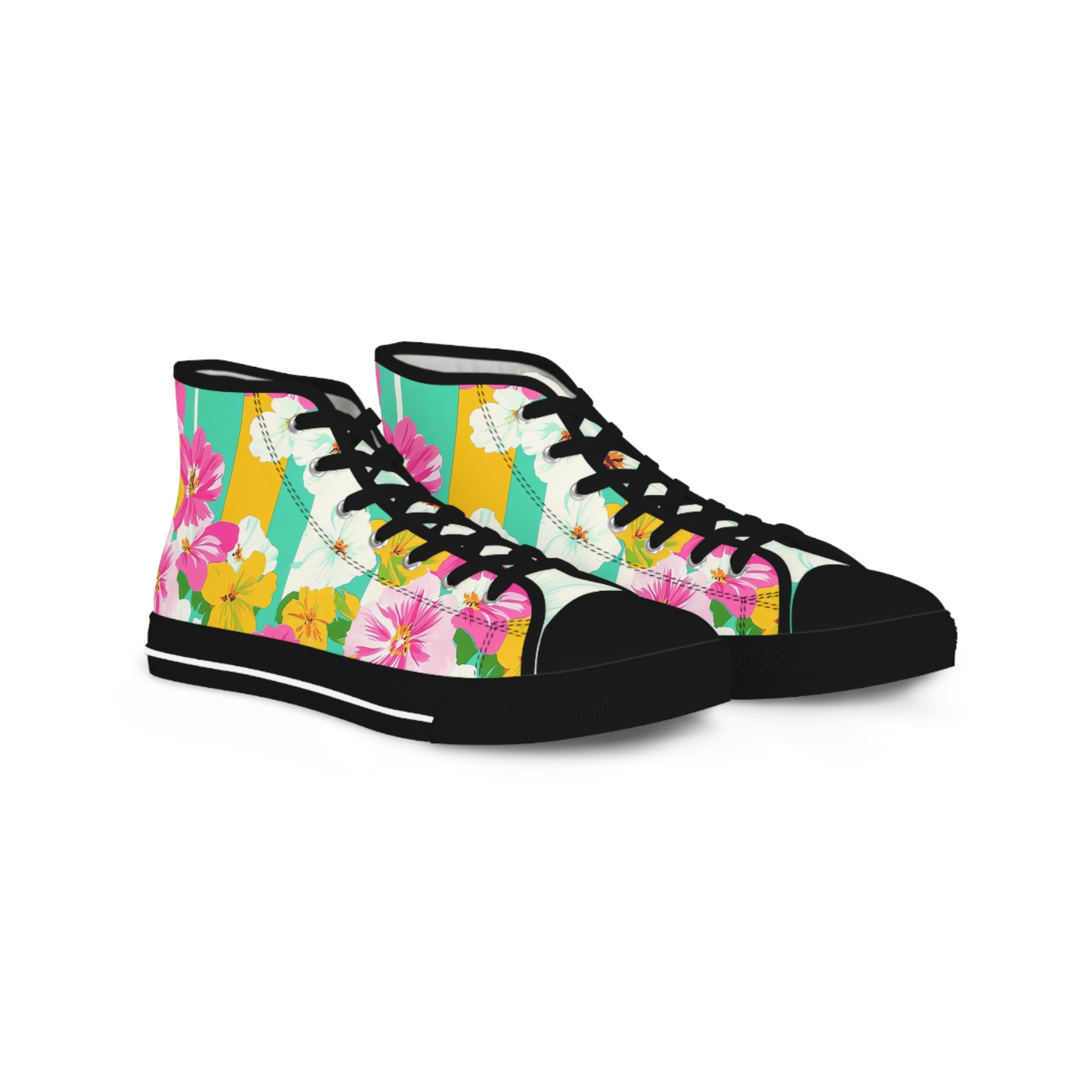 Pastel x Floral x Stripes Multi-Color Men's High Top Sneakers, Artsulli - Art is Long, Life is Short, Shoes, Size, US 5, Color, Black sole, , , 14768693440738592886