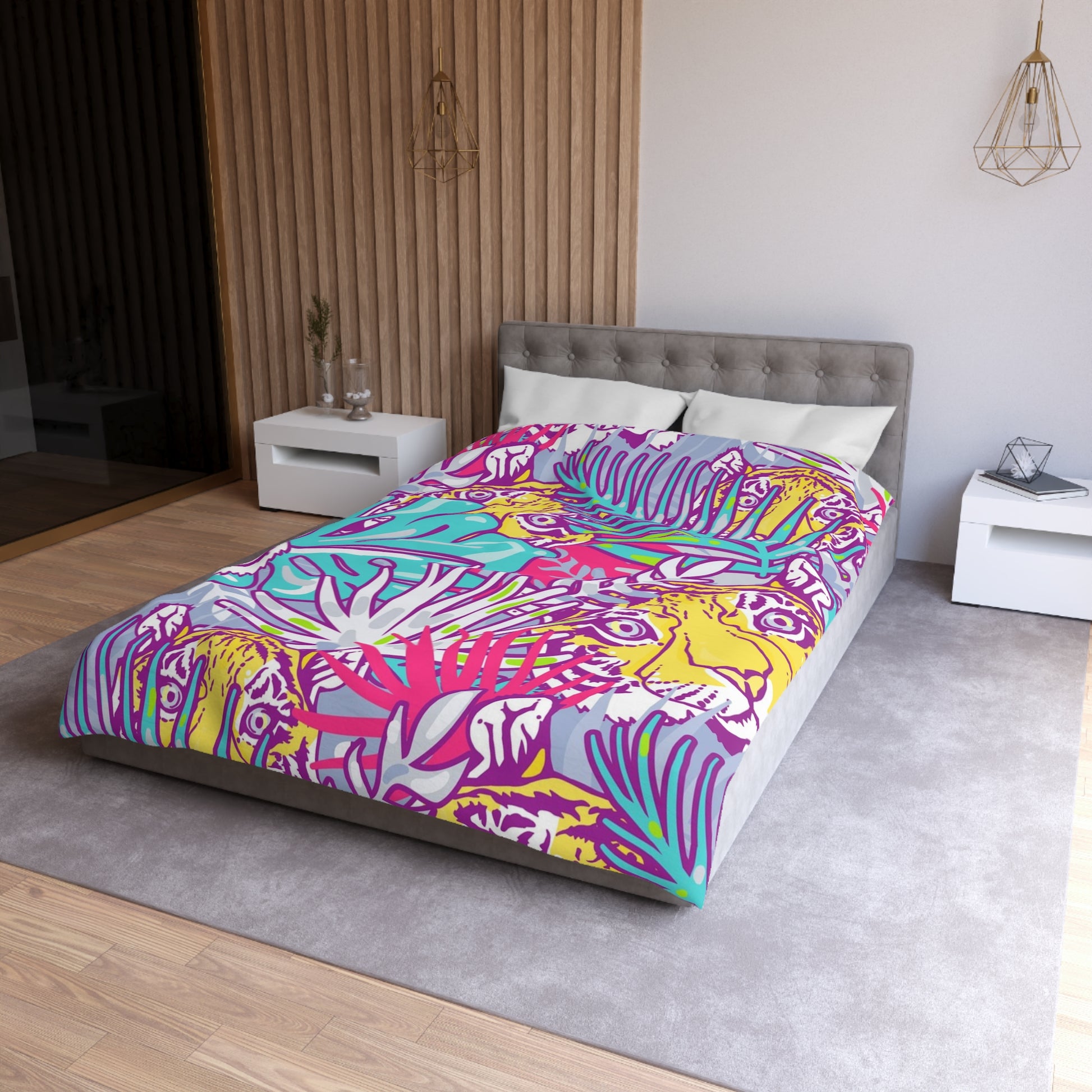 Tropical Floral Tigers Torquise and Purple Microfiber Duvet Cover, Artsulli - Art is Long, Life is Short, Home Decor, , , , , , , 