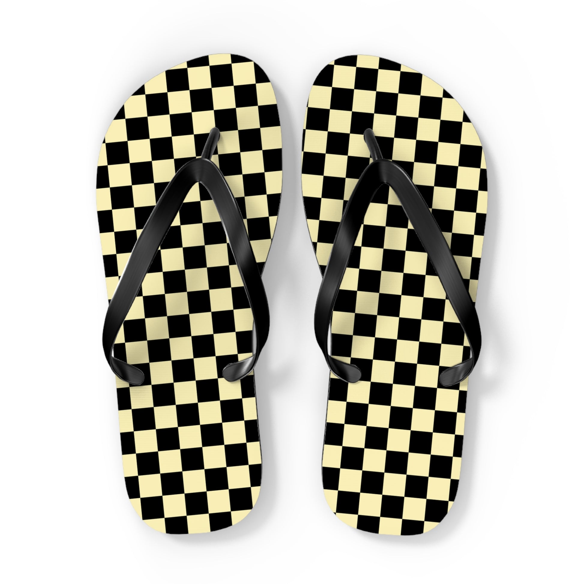 Checkerboard Black and Yellow Flip Flops, Artsulli - Art is Long, Life is Short, Shoes, Size, XL, Color, Black sole, , , 14525035910225593328