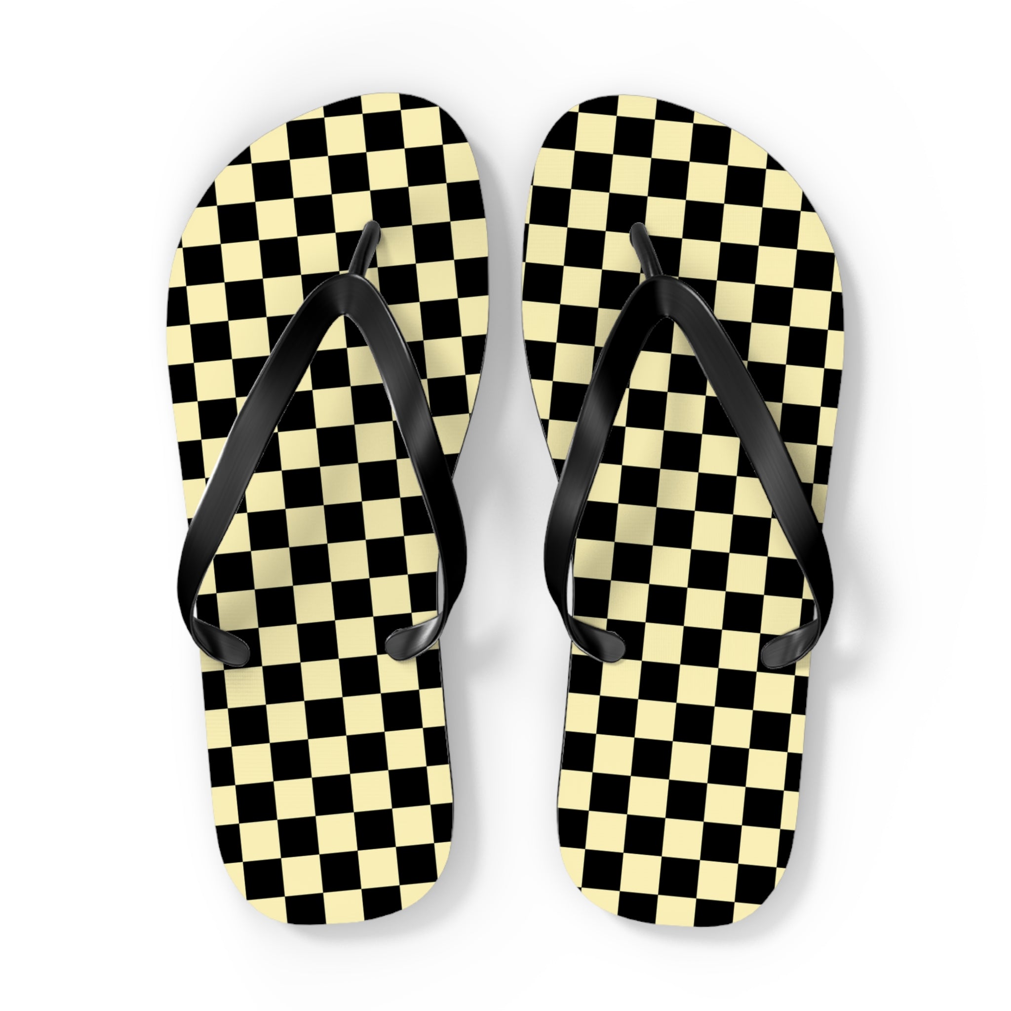 Checkerboard Black and Yellow Flip Flops, Artsulli - Art is Long, Life is Short, Shoes, Size, XL, Color, Black sole, , , 14525035910225593328