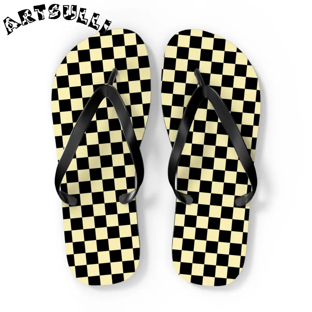 JAKKOUTTHEBXX Checkerboard Black and Yellow Flip Flops JAKKOUTTHEBXX