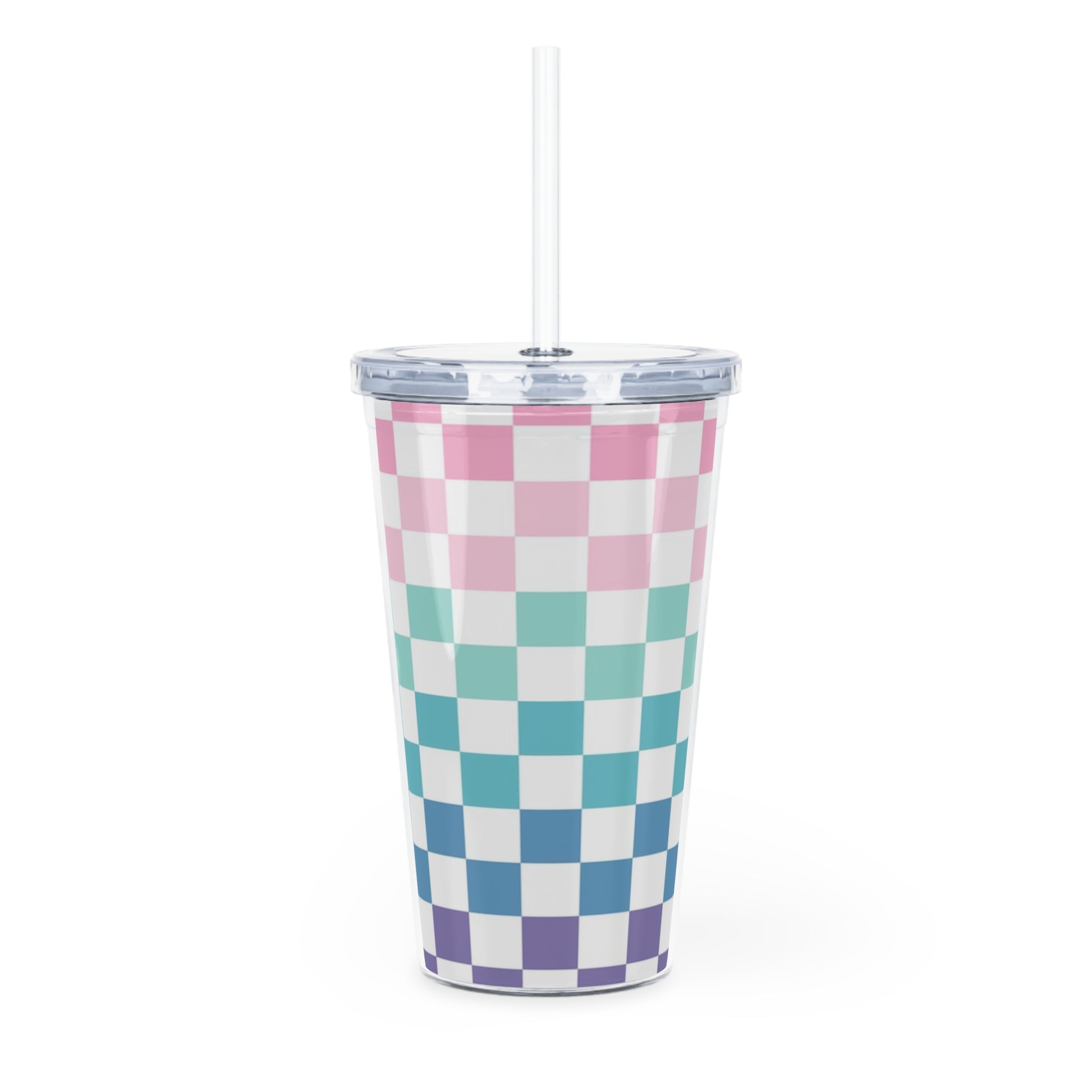Vaporwave Rainbow  Checkerboard Multi-Color Plastic Tumbler with Straw, Artsulli - Art is Long, Life is Short, Mug, , , , , , , 