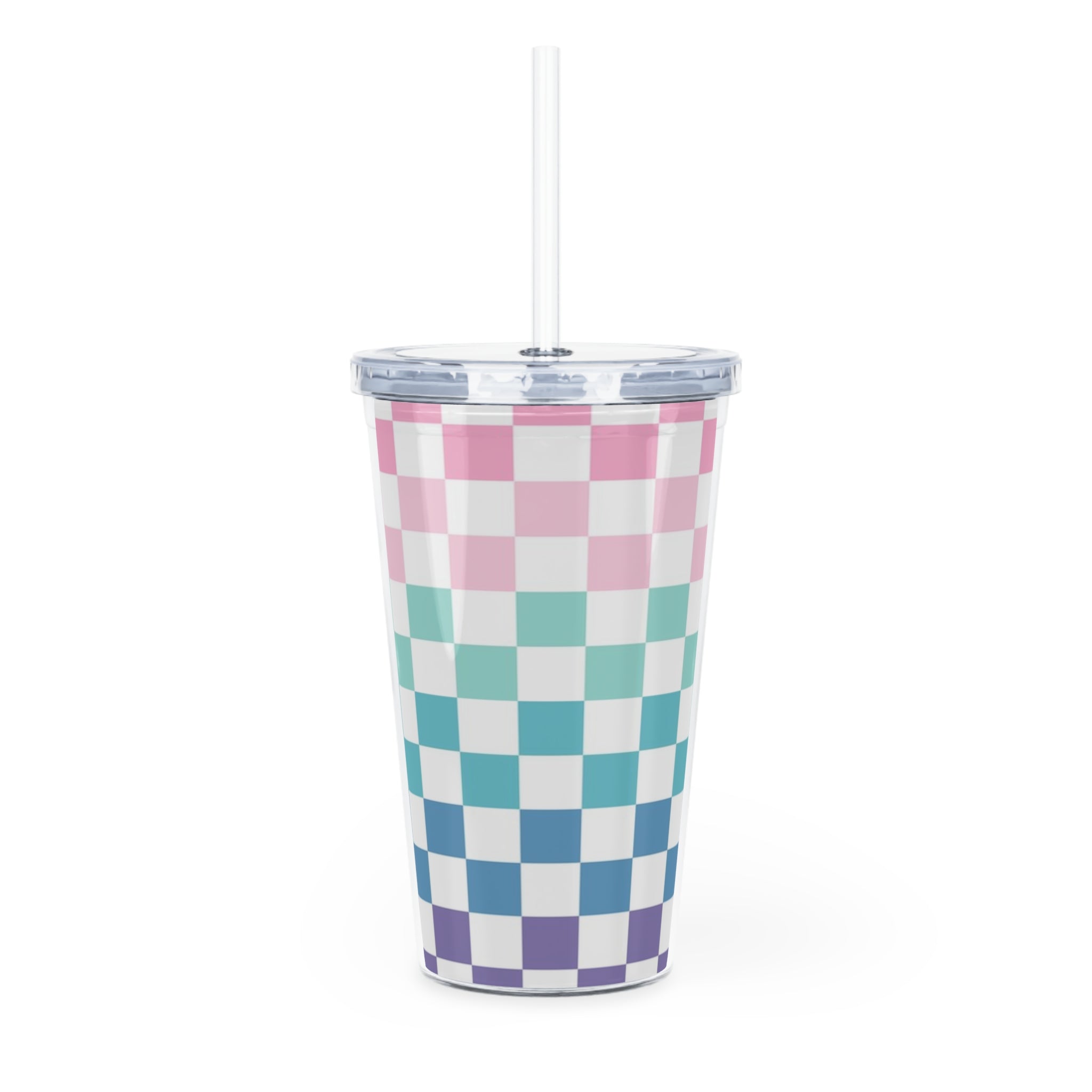 Vaporwave Rainbow  Checkerboard Multi-Color Plastic Tumbler with Straw, Artsulli - Art is Long, Life is Short, Mug, , , , , , , 