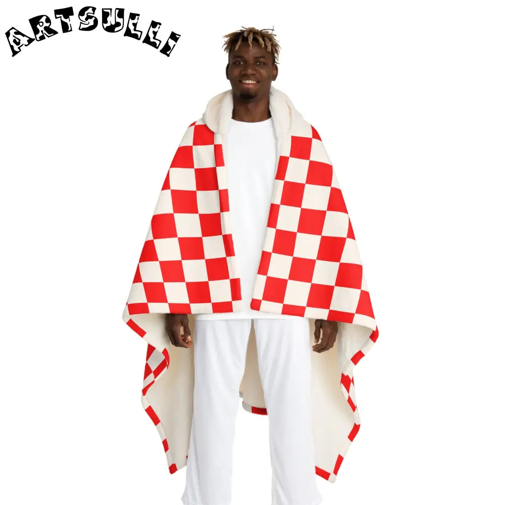 JAKKOUTTHEBXX Checkerboard Red and White Hooded Sherpa Fleece