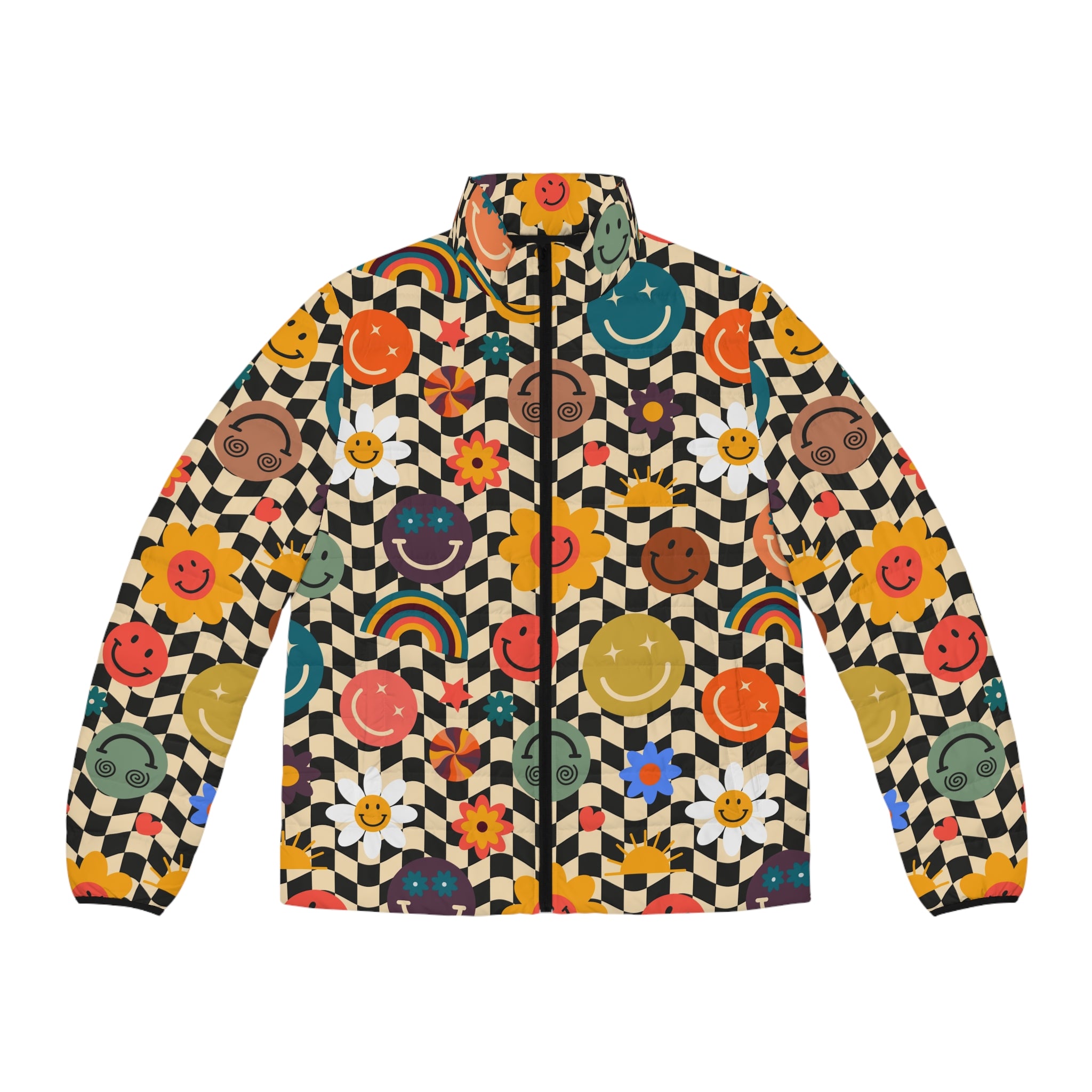 Trippy x Wavy Checkerboard x Smiley Face x Rainbow x Flowers Multi-Color Men's Puffer Jacket (AOP), Artsulli - Art is Long, Life is Short, All Over Prints, Size, S, Color, Black zipper, , , 29807790146962000058