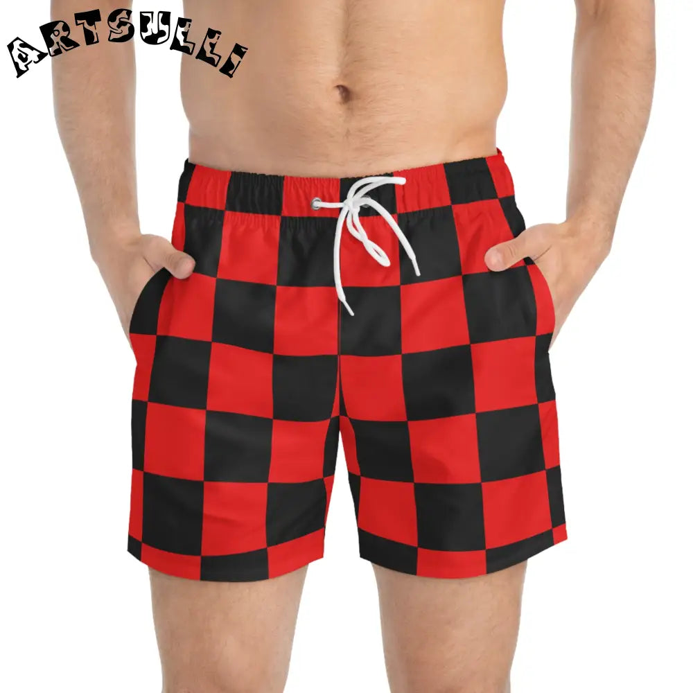 JAKKOUTTHEBXX Checkerboard Red and Black Swim Trunks (AOP)