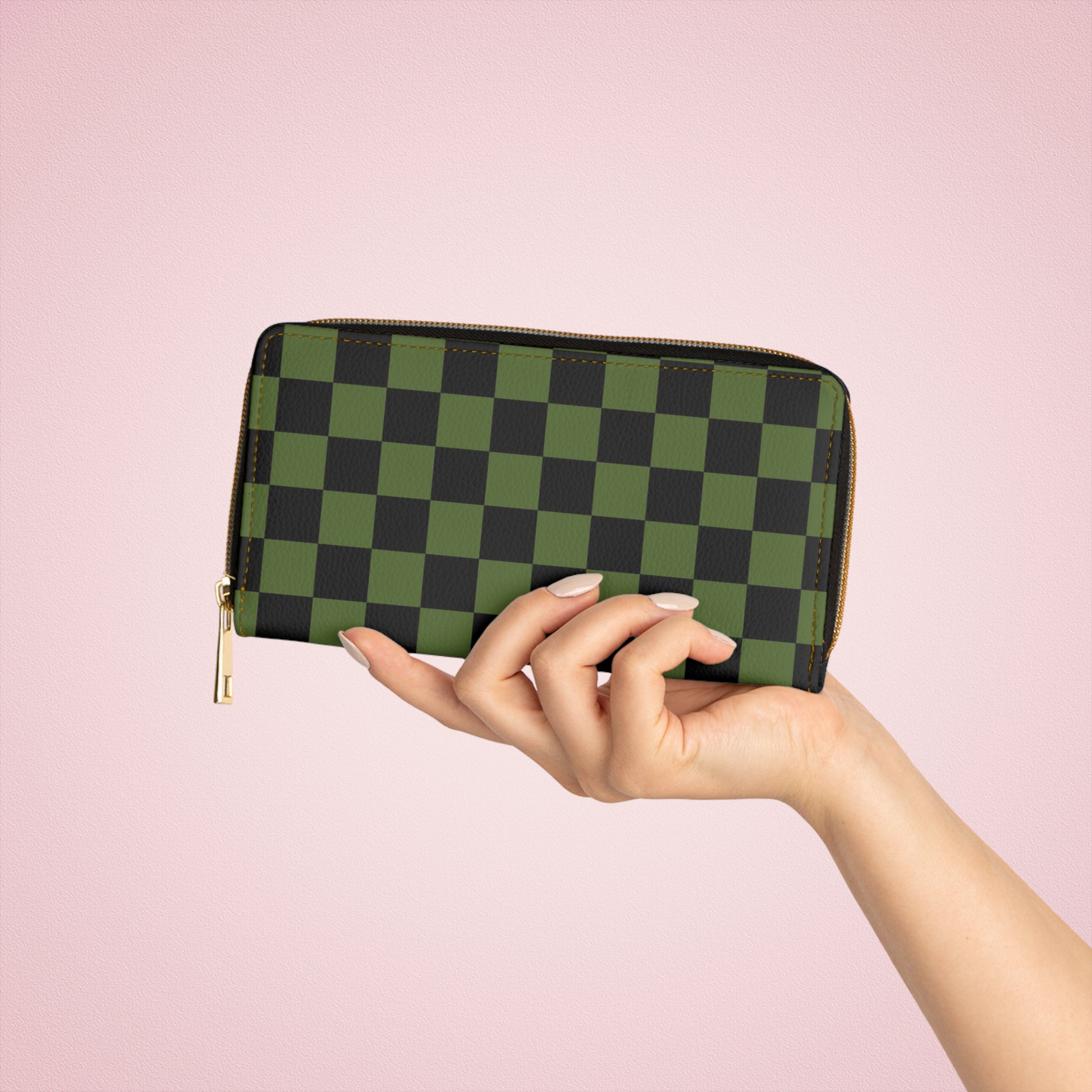 Checkerboard Olive Green and Black Zipper Wallet, Artsulli - Art is Long, Life is Short, Accessories, , , , , , , 