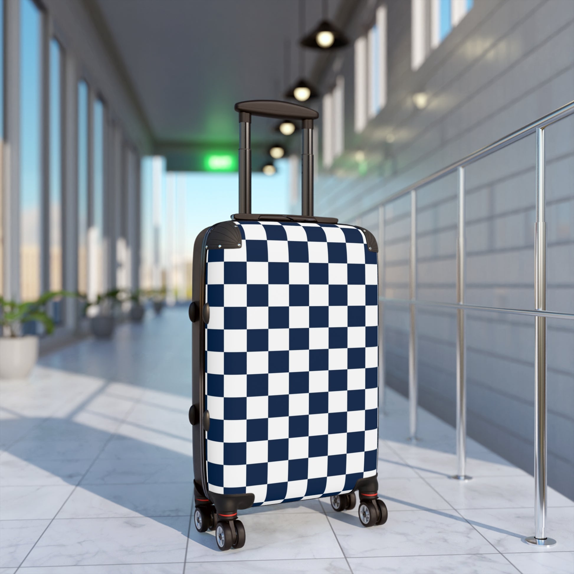 Checkerboard White and Navy Blue Suitcase, Artsulli - Art is Long, Life is Short, Bags, , , , , , , 