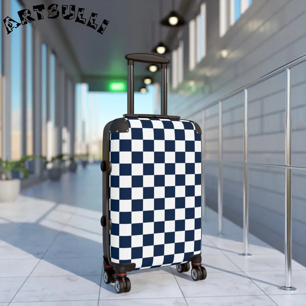 JAKKOUTTHEBXX Checkerboard White and Navy Blue Suitcase