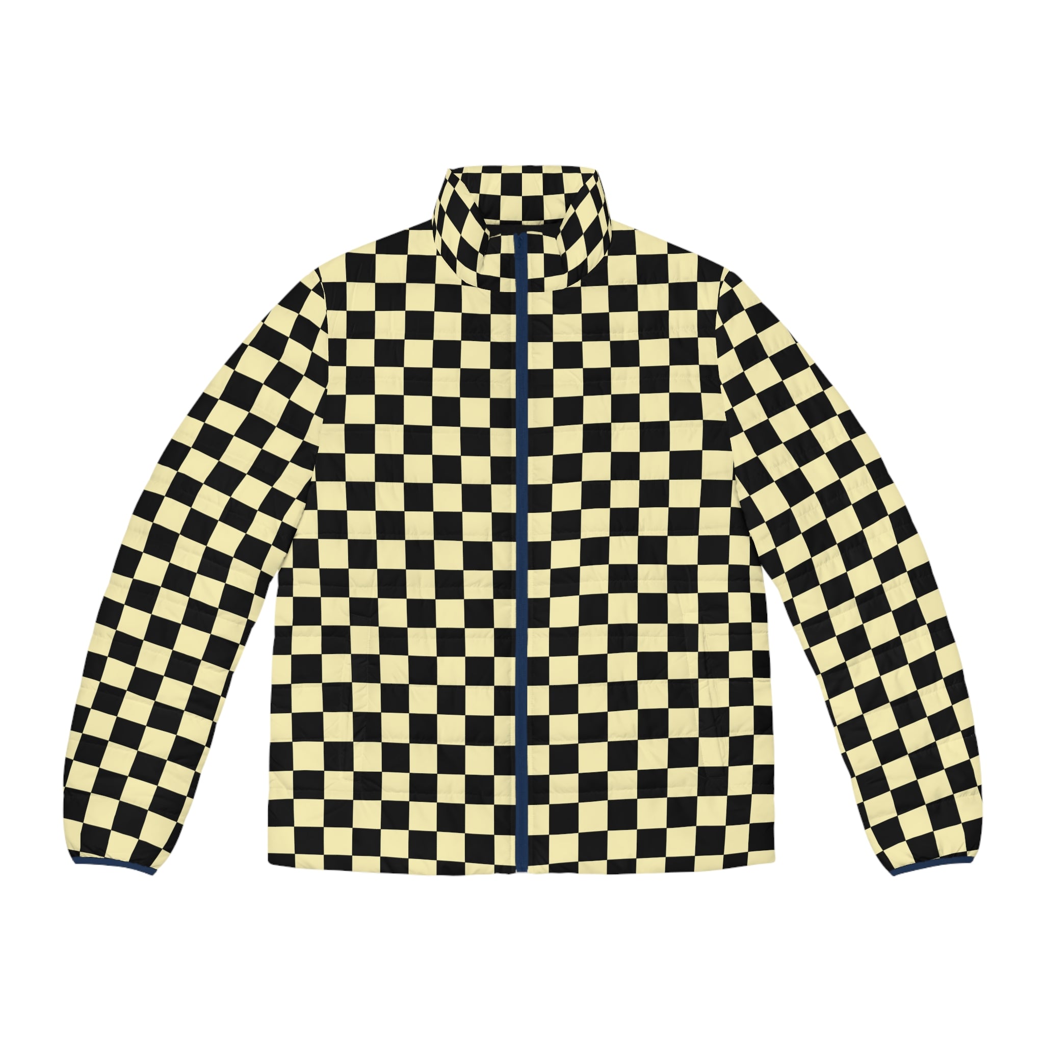 Checkerboard Black and Yellow Men's Puffer Jacket (AOP), Artsulli - Art is Long, Life is Short, All Over Prints, Size, S, Color, Dark blue zipper, , , 29498204442083571995