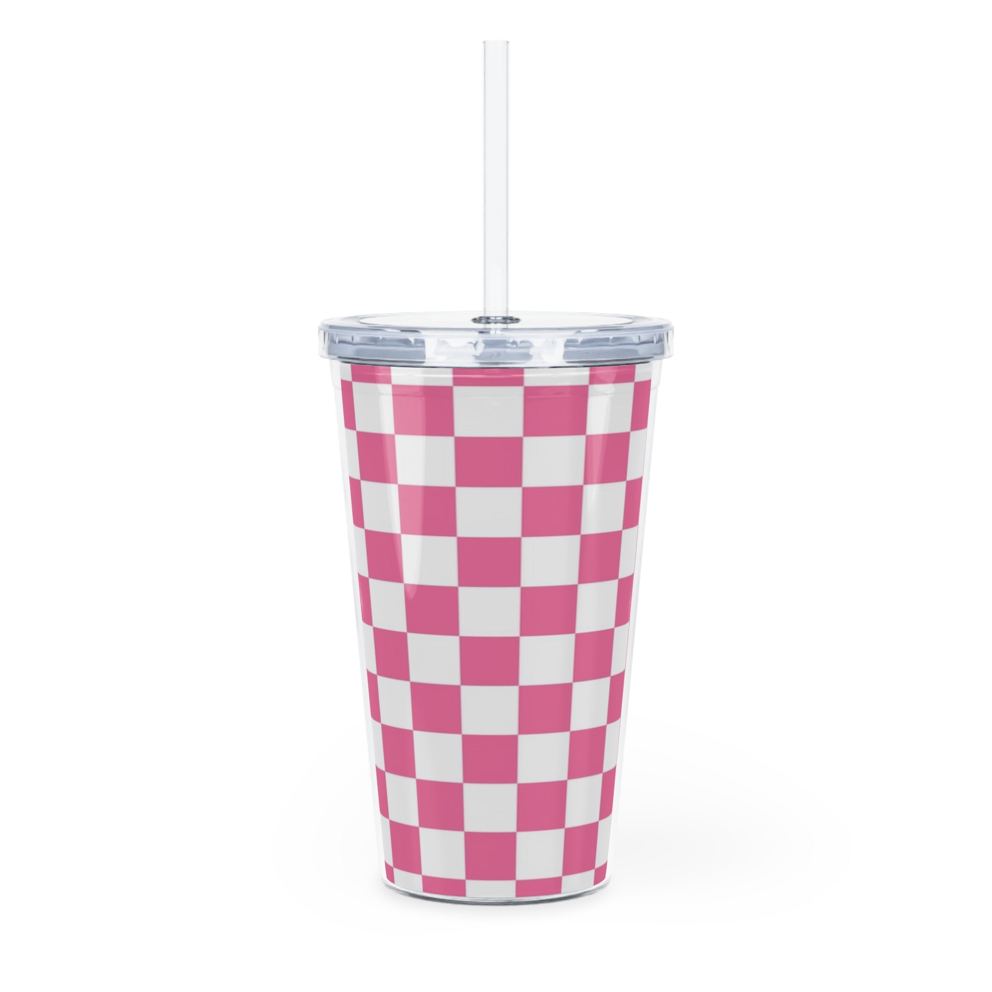 Yuyushiki Pink Check Plastic Tumbler with Straw, Artsulli - Art is Long, Life is Short, Mug, , , , , , , 