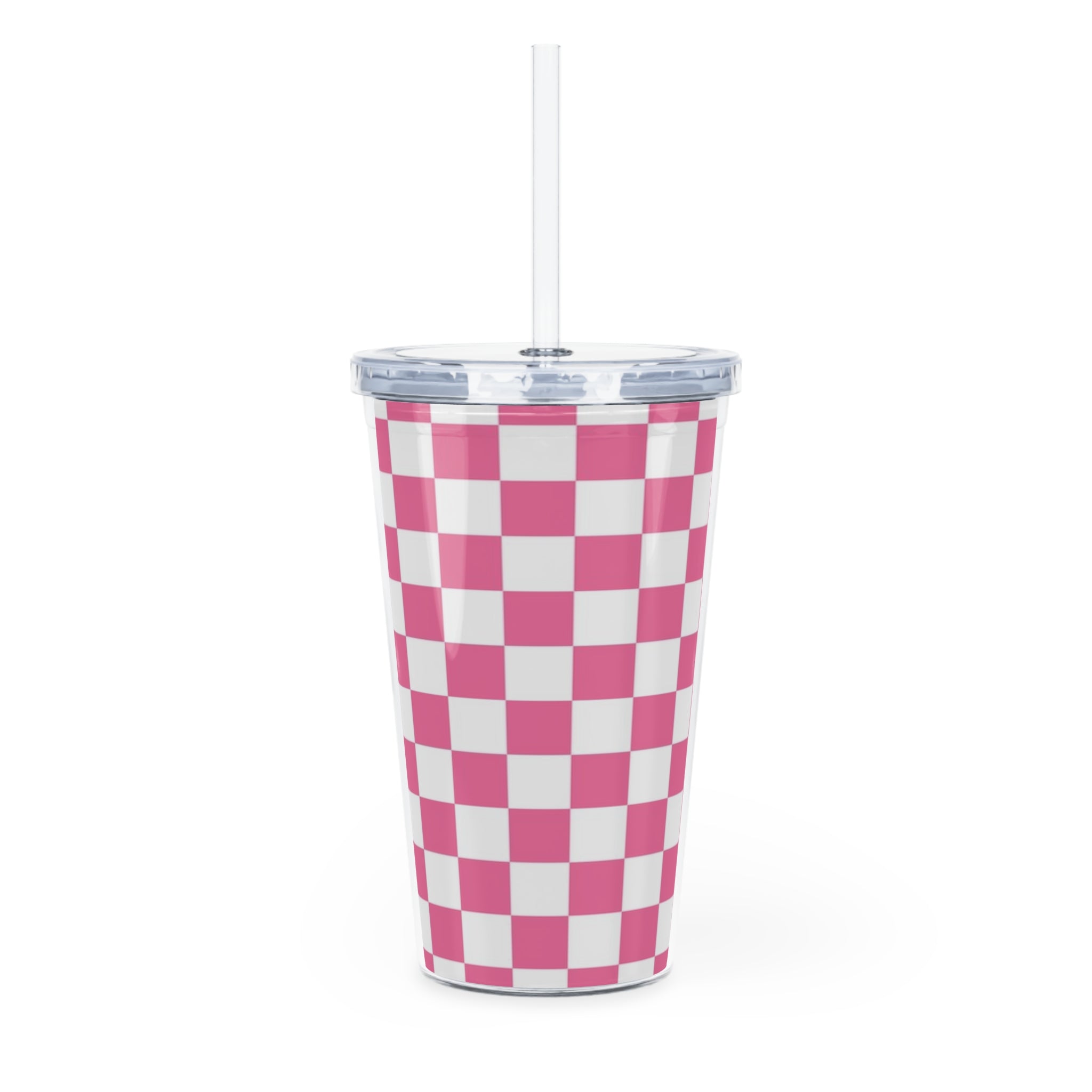 Yuyushiki Pink Check Plastic Tumbler with Straw, Artsulli - Art is Long, Life is Short, Mug, , , , , , , 