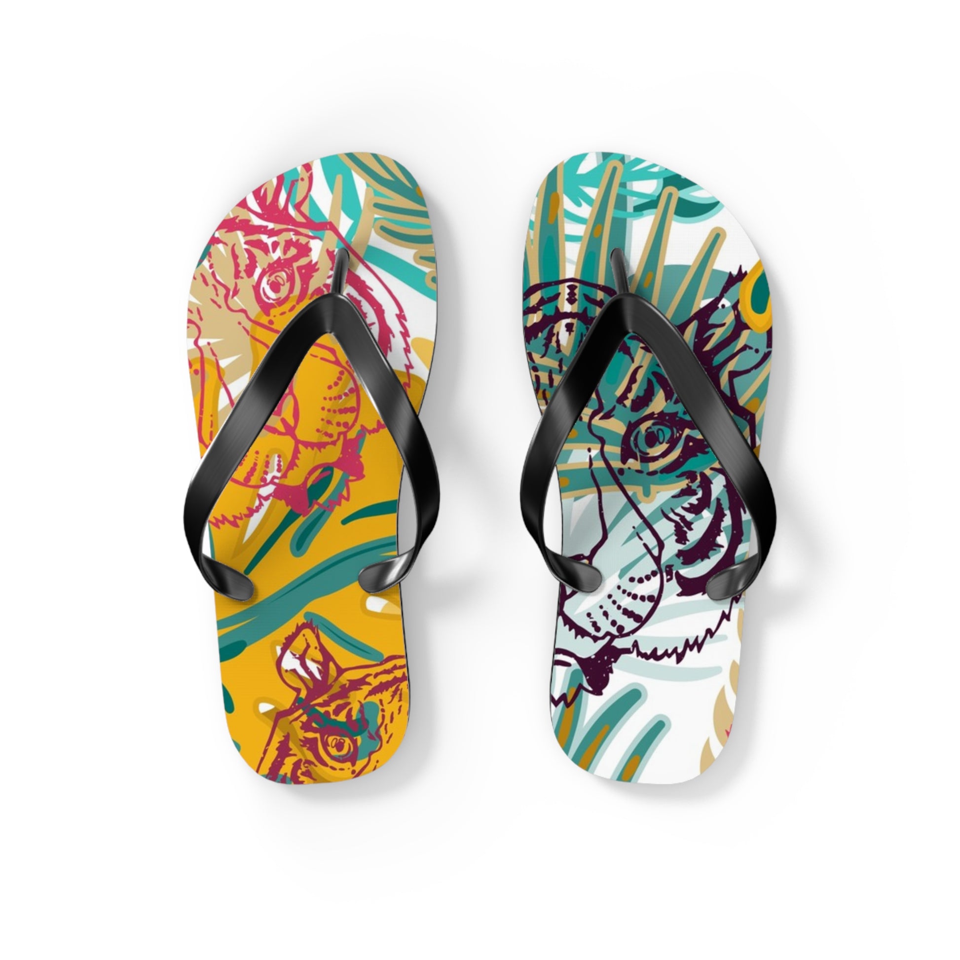 Tropical Jungle Tigers Brown and Green Flip Flops, Artsulli - Art is Long, Life is Short, Shoes, Size, S, Color, Black sole, , , 14418430562312