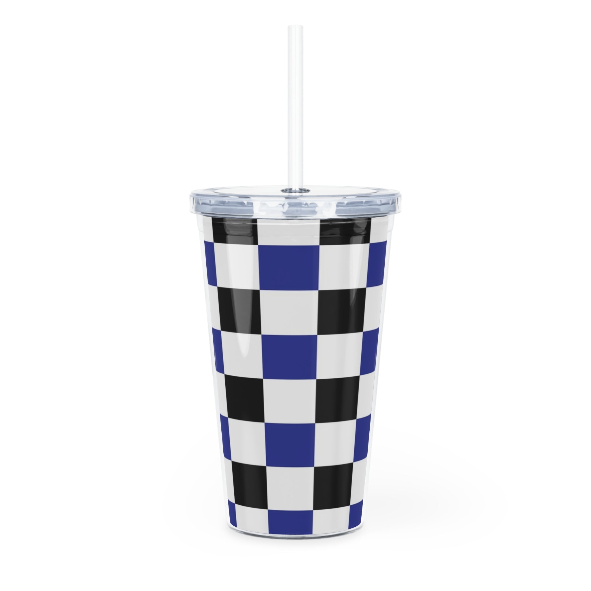 Checkerboard Blue White and Black Plastic Tumbler with Straw, Artsulli - Art is Long, Life is Short, Mug, , , , , , , 