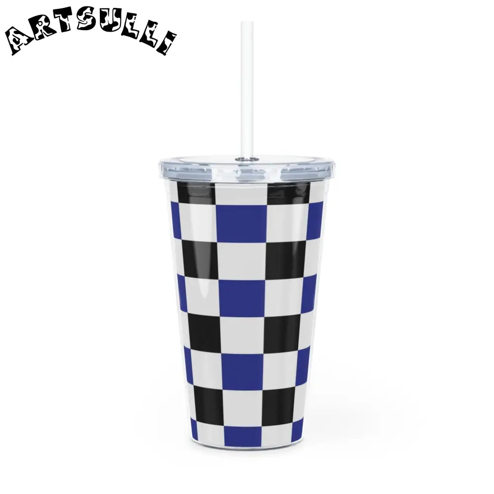 JAKKOUTTHEBXX Checkerboard Blue White and Black Plastic Tumbler