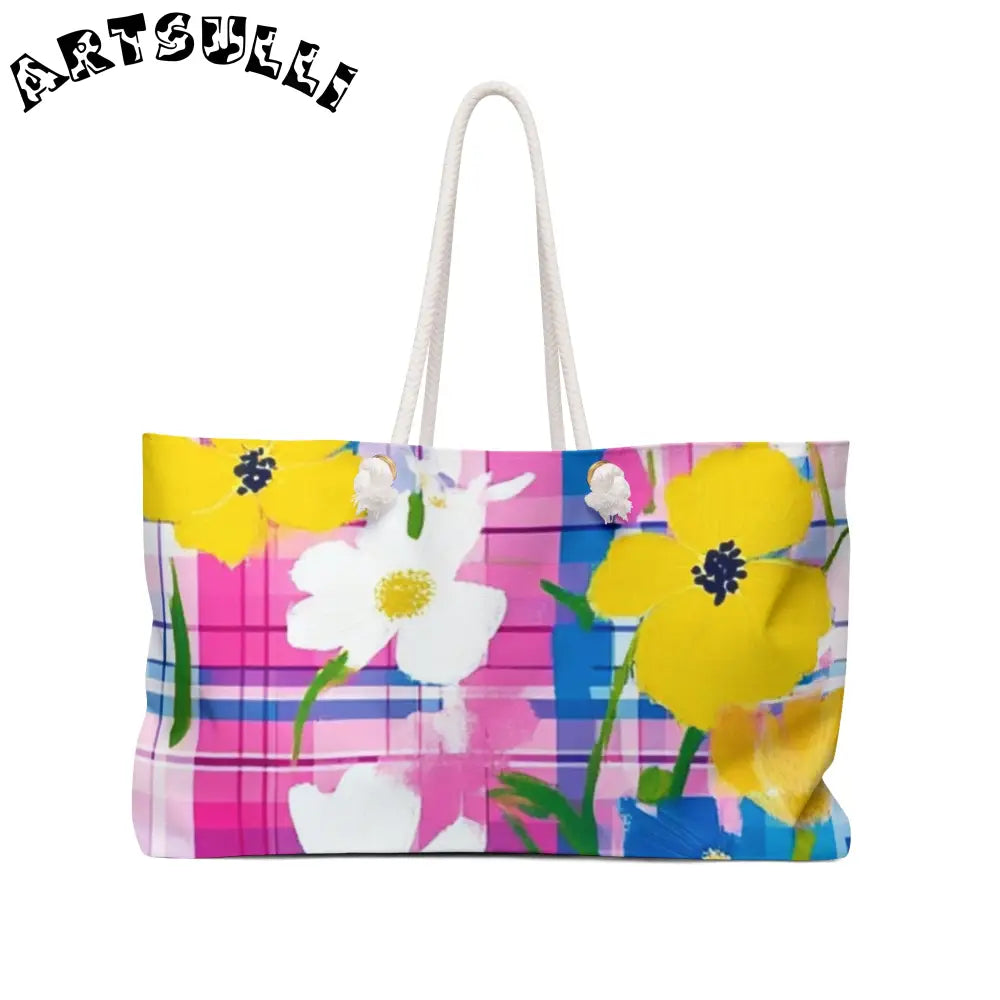 JAKKOUTTHEBXX Plaid Garden Pink and Purple Weekender Bag