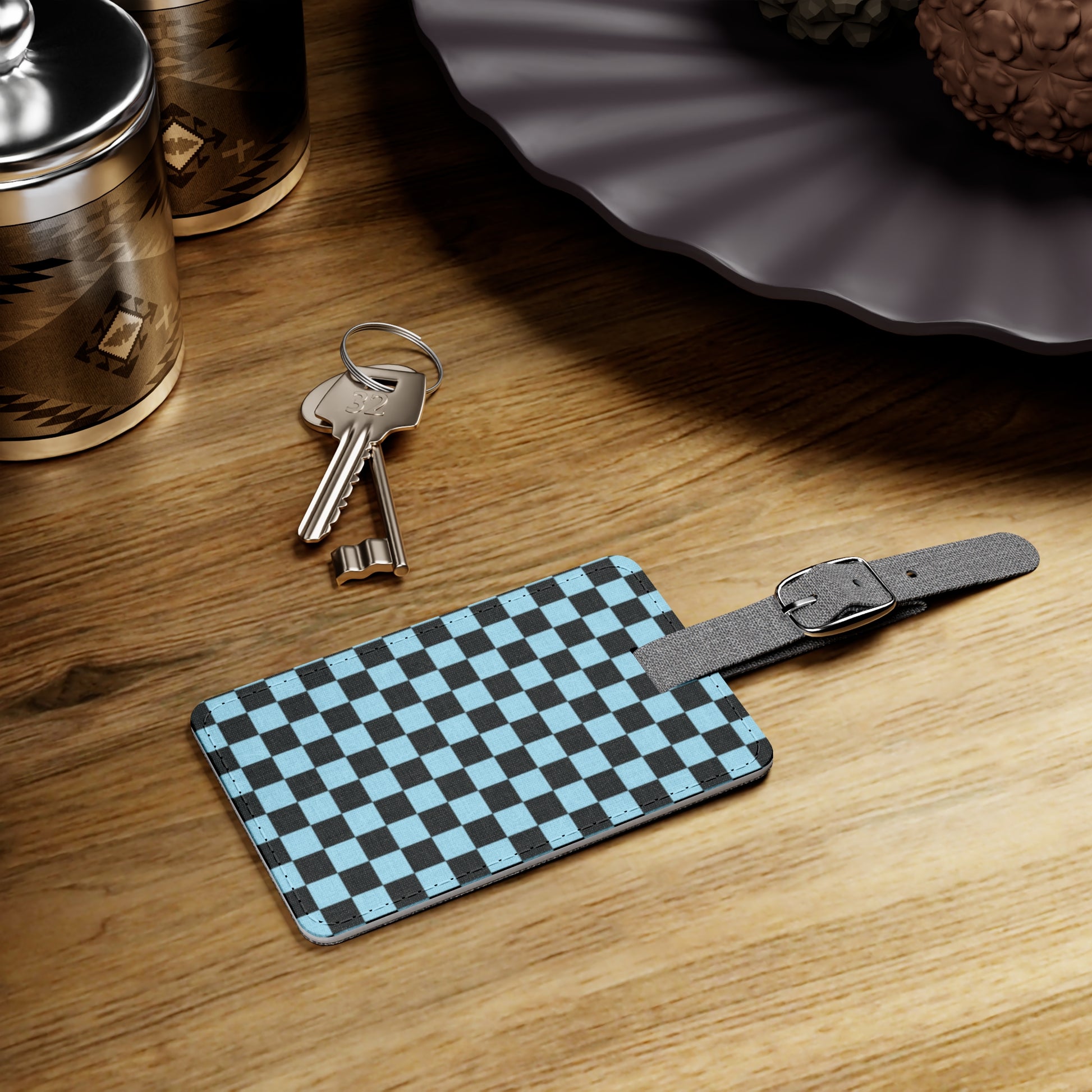 Checkerboard Black and Blue Saffiano Polyester Luggage Tag, Rectangle, Artsulli - Art is Long, Life is Short, Accessories, , , , , , , 