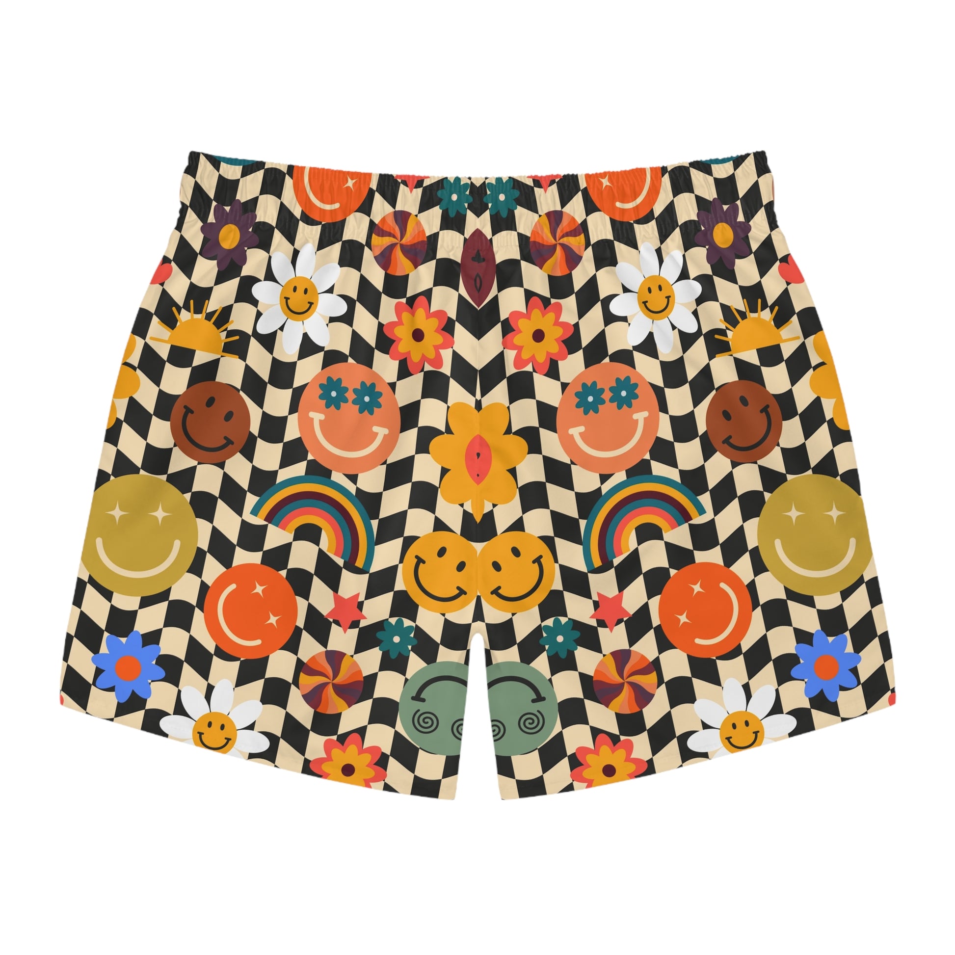 Trippy x Wavy Checkerboard x Smiley Face x Rainbow x Flowers Multi-Color Swim Trunks (AOP), Artsulli - Art is Long, Life is Short, All Over Prints, , , , , , , 
