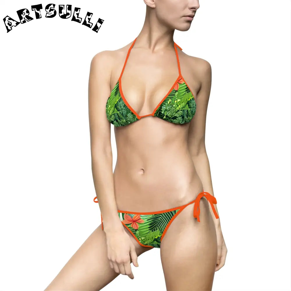 JAKKOUTTHEBXX Tropical Leaf Orange Flower Bikini Swimsuit with White