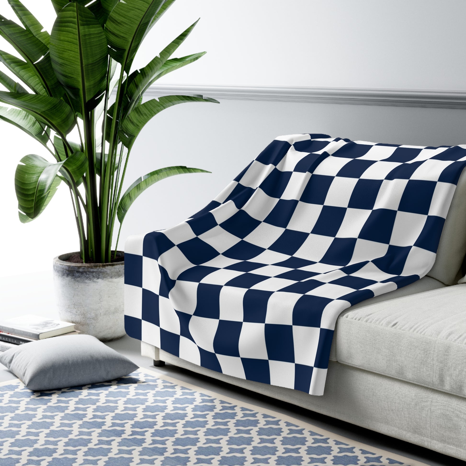 Checkerboard White and Navy Blue Sherpa Fleece Blanket, Artsulli - Art is Long, Life is Short, Home Decor, , , , , , , 
