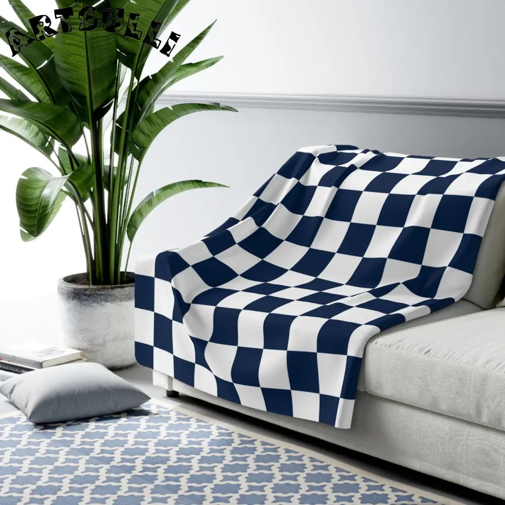 JAKKOUTTHEBXX Checkerboard White and Navy Blue Sherpa Fleece Blanket